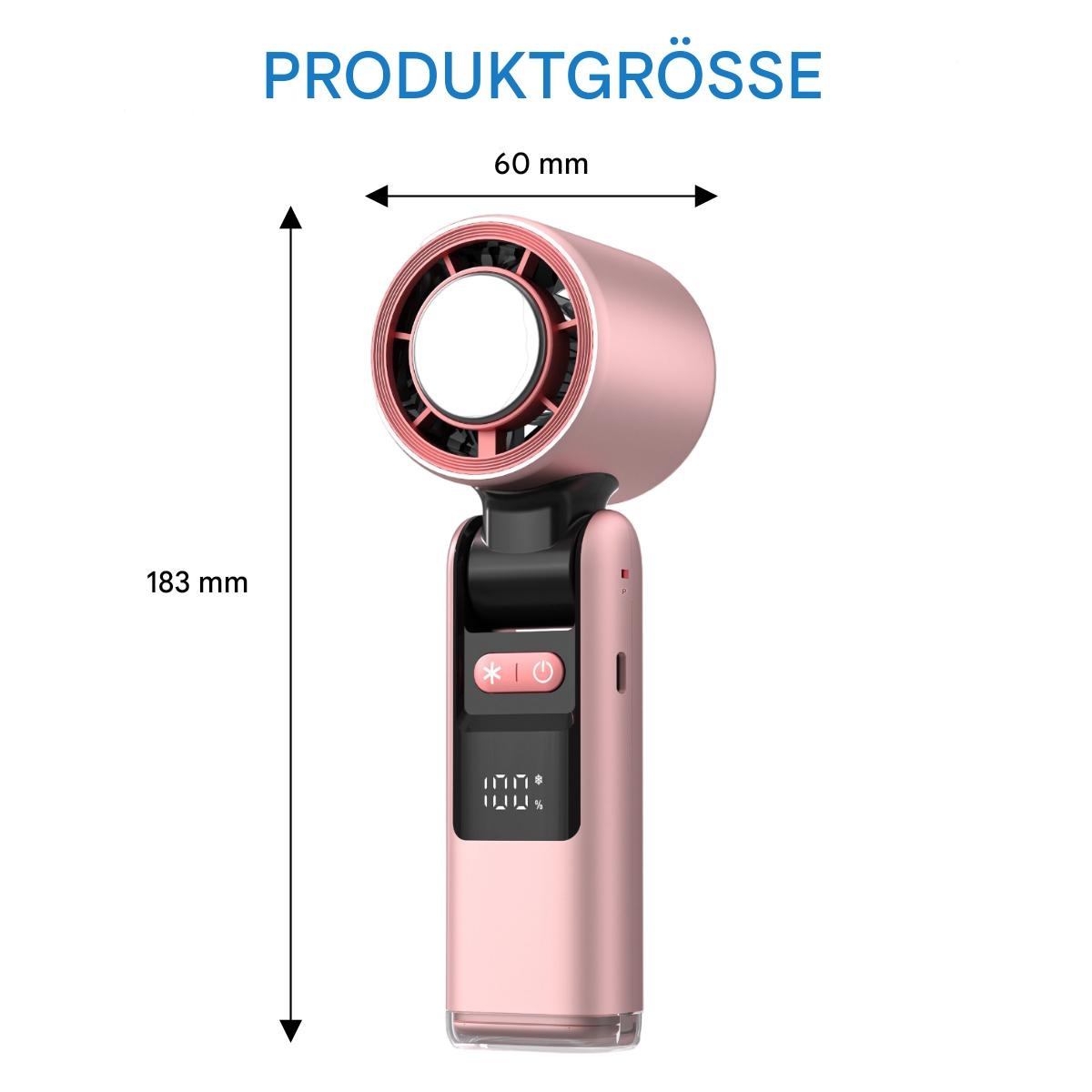 Pinkfarbener tragbarer Ventilator mit angegebenen Abmessungen.