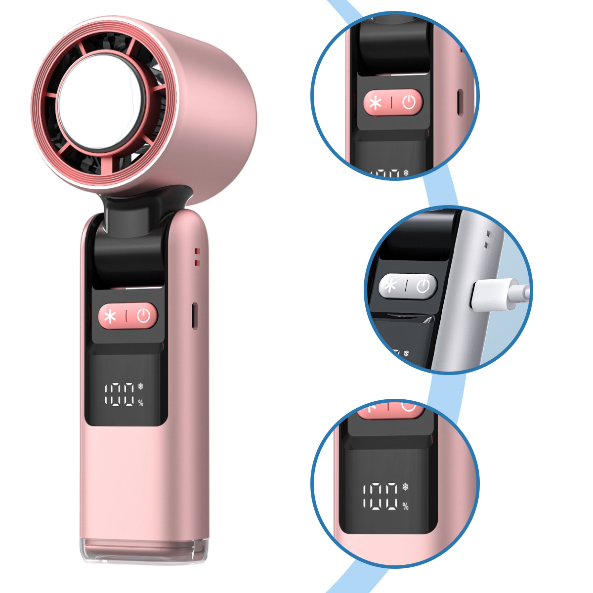 Rosa tragbarer Ventilator mit Digitalanzeige. Nahaufnahmen zeigen Knöpfe und Ladeanschluss.