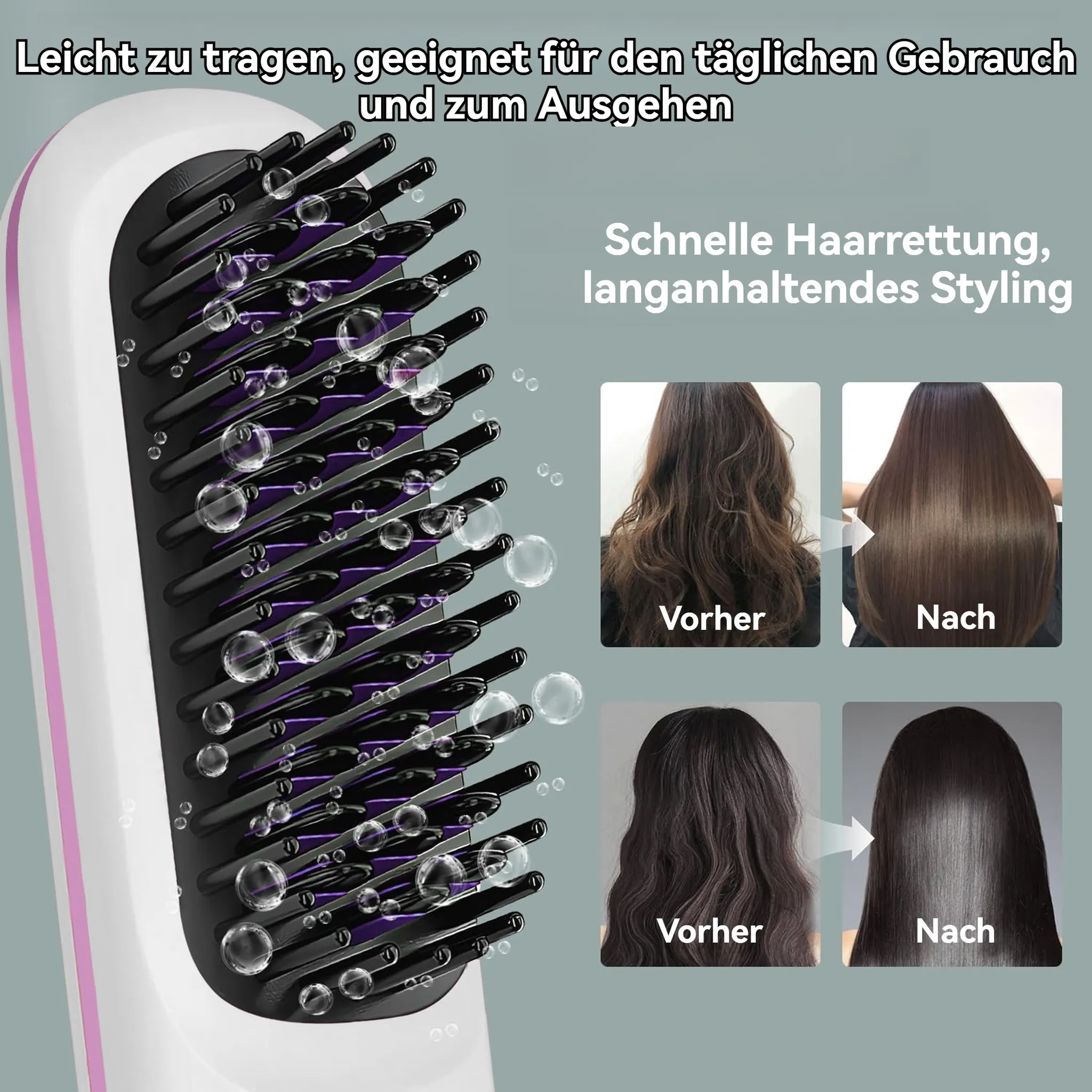 Eine Haarglättungsbürste mit Bildern von Vorher-Nachher-Ergebnissen, mit Text.
