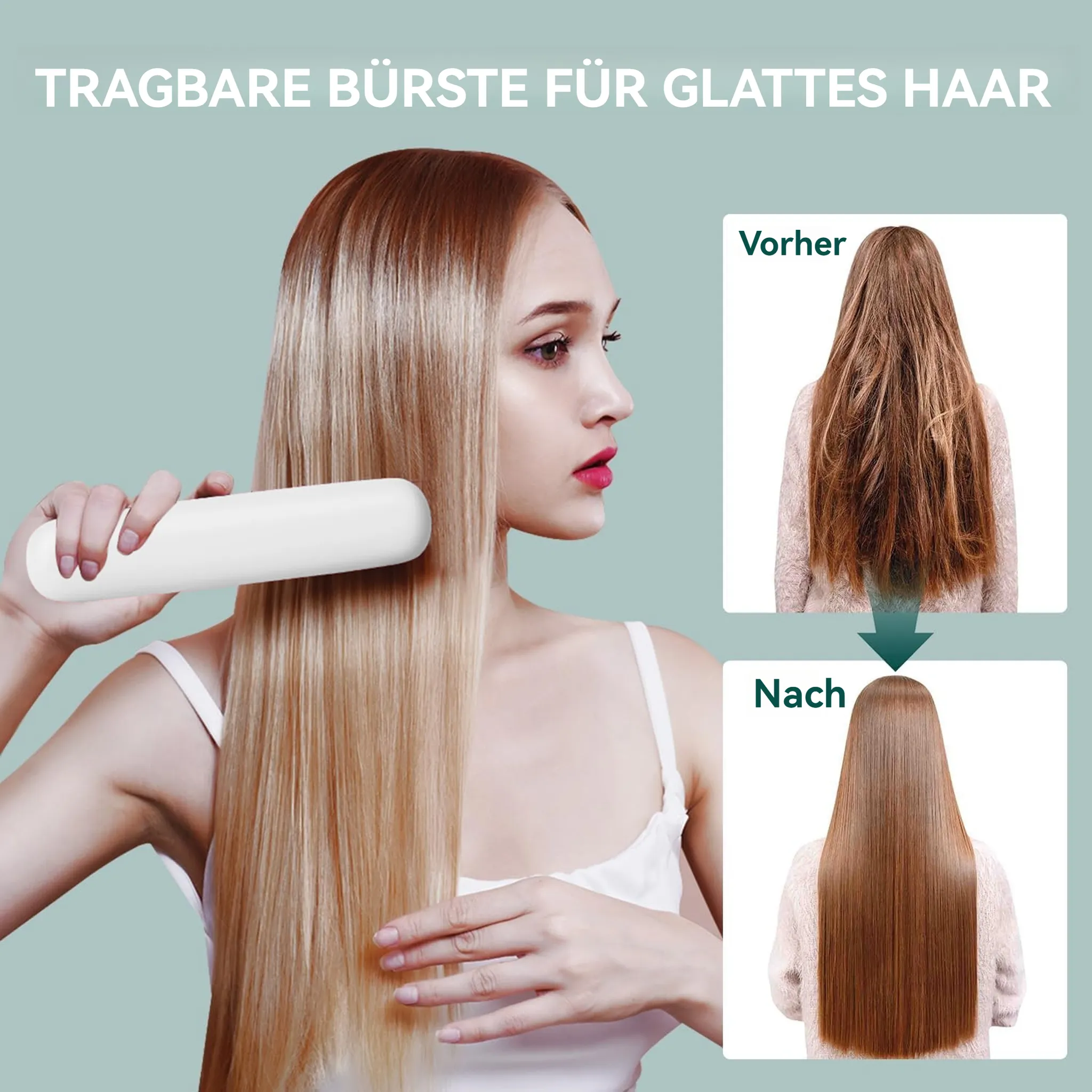 Frau kämmt Haare mit weißer Bürste. Haare vor und nach dem Glätten, mit Text.