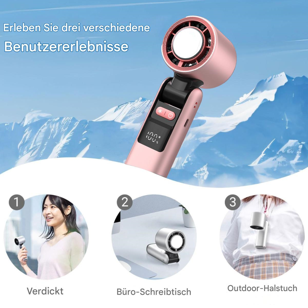 Roségoldener Handventilator mit verschiedenen Nutzungsszenarien. Menschen benutzen den Ventilator.