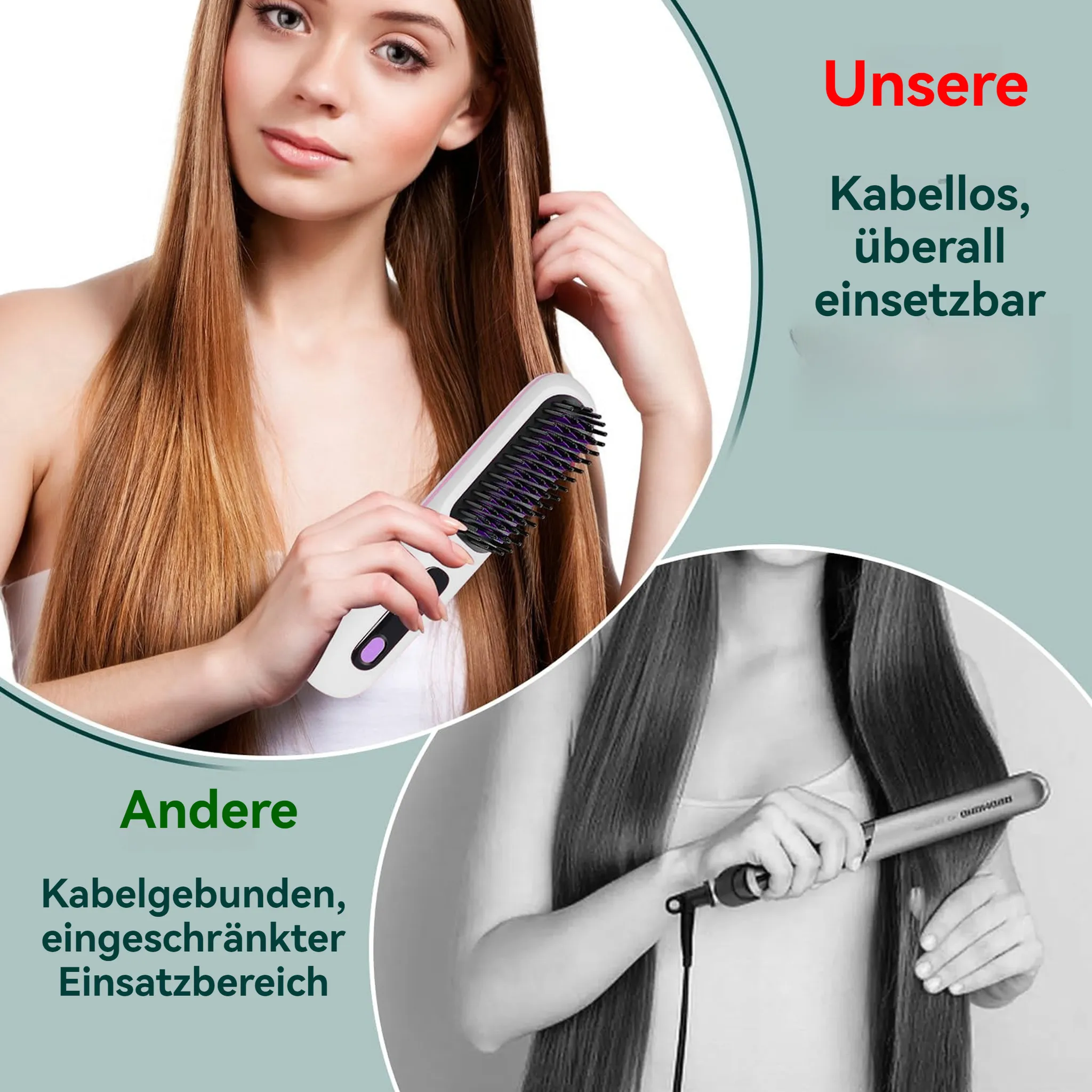 Frau kämmt Haare mit weißer Bürste. Vergleich: alte Bürste vs. neue Bürste mit Text.