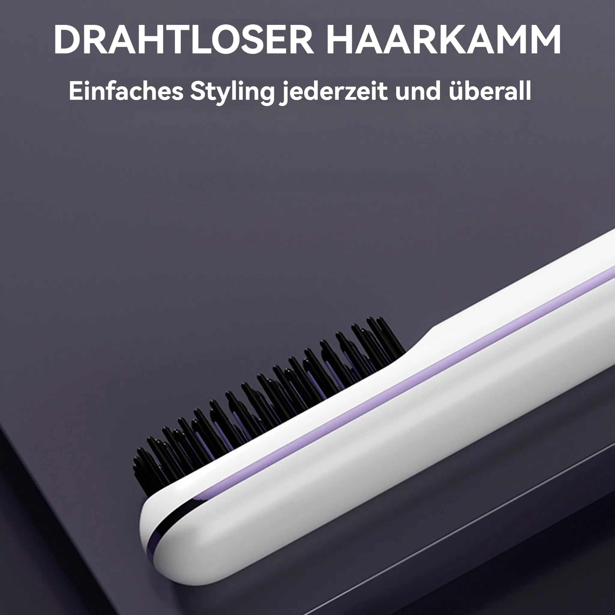 Nahaufnahme einer weißen Haarglättungsbürste. Text: Kabelloser Haarkamm. Einfaches Styling.