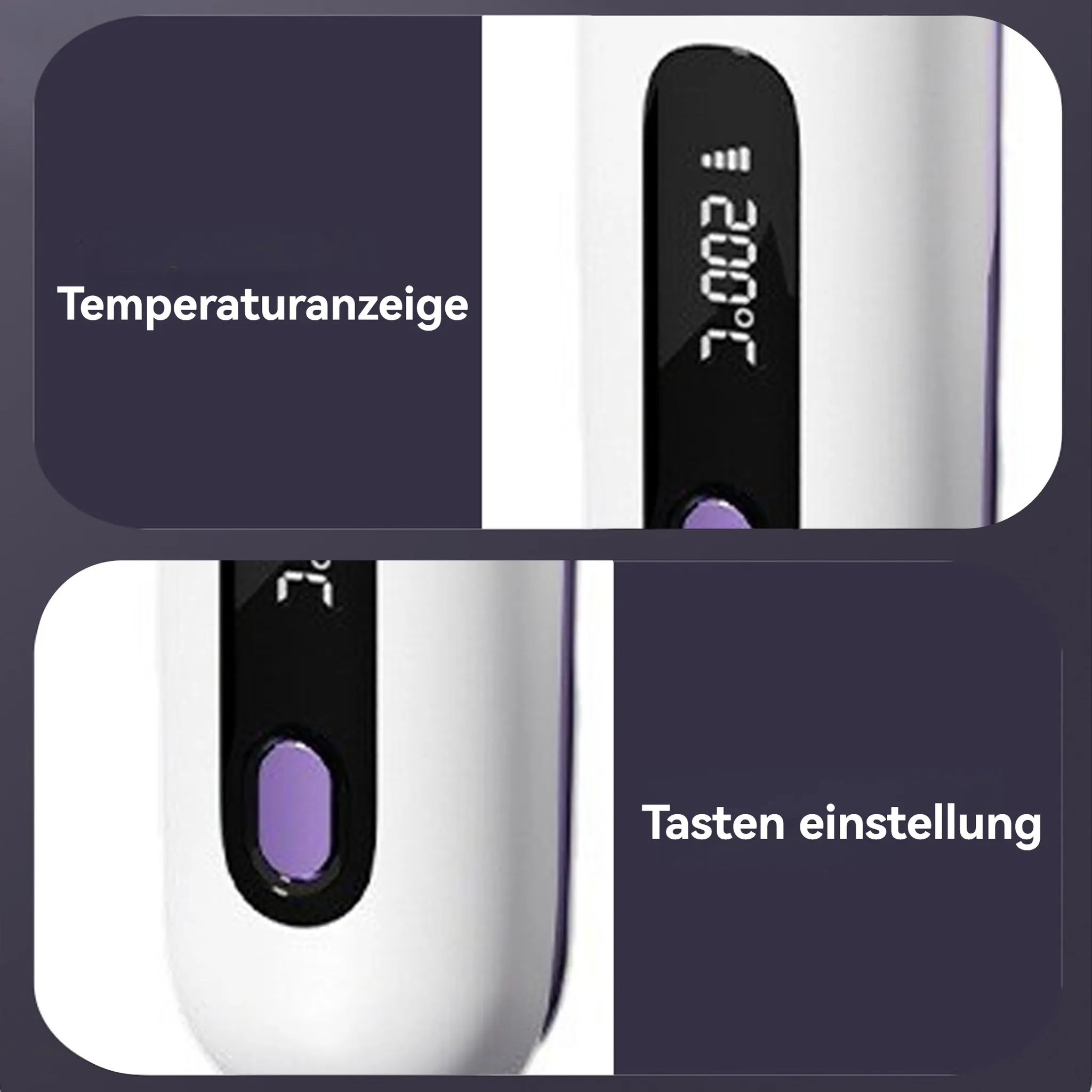 Weißer Lockenstab. Oben: Anzeige zeigt 200 °C. Unten: Lila Taste. Texte: Temperaturanzeige, Tasten Einstellung.