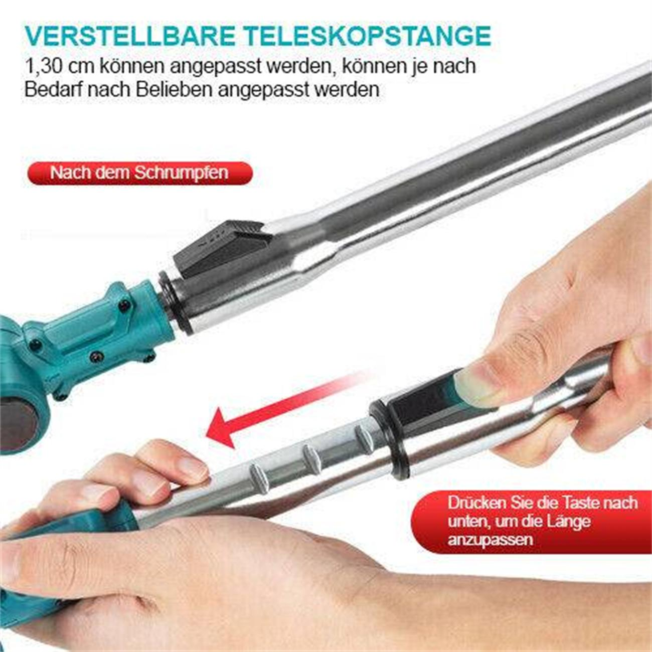 Verstellbare Teleskopstange mit türkisgriff, wird von Hand eingestellt. Text: Verstellbare Teleskopstange.
