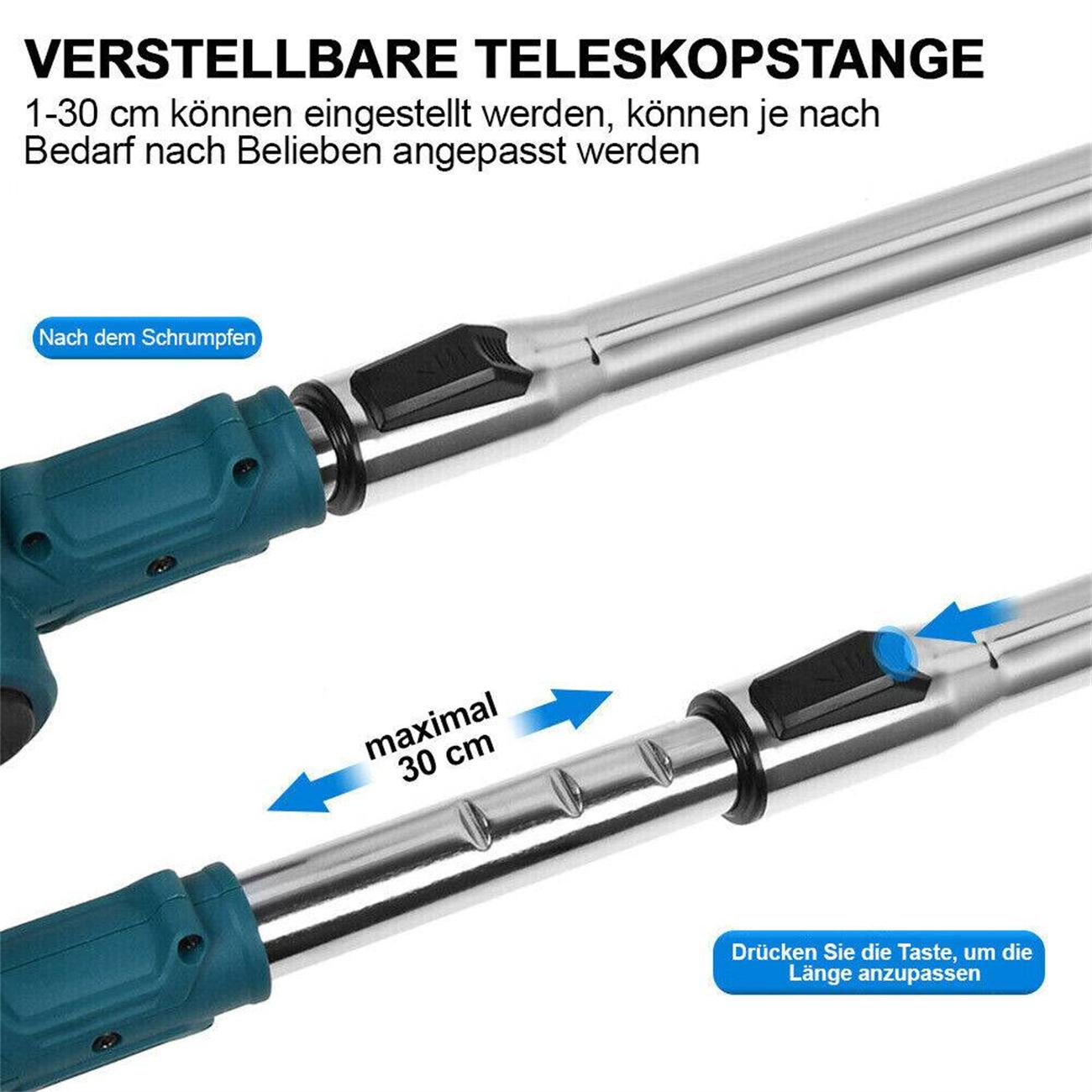 Eine silberne Teleskopstange mit Text zur Längenanpassung bis zu 30 cm.