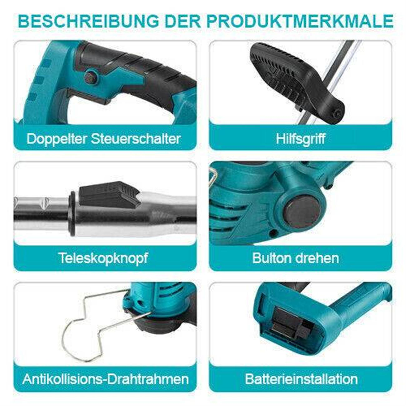 Mehrere Ansichten eines türkisfarbenen Elektrowerkzeugs mit Beschriftungen wie Griff, Schalter und Batterieeinbau.
