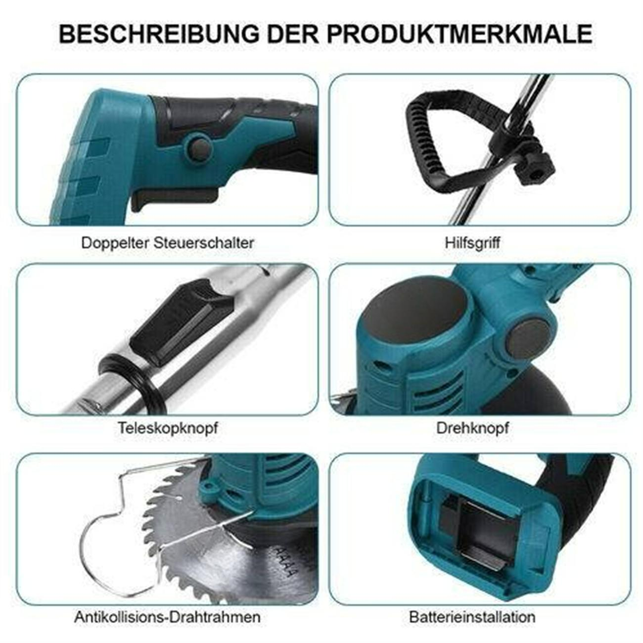 Diagramm mit beschrifteten Teilen eines türkis-schwarzen Elektrowerkzeugs, einschließlich Griff und Klinge.