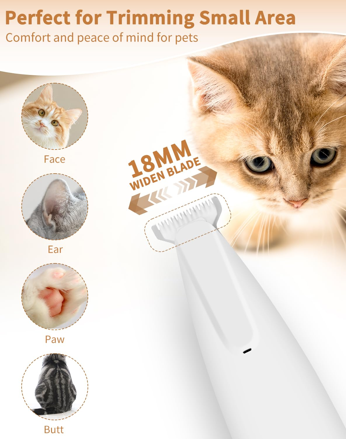 Weißer Trimmer mit einer Katze. Nahaufnahmen von Gesicht, Ohr, Pfote und Po einer Katze werden ebenfalls angezeigt.