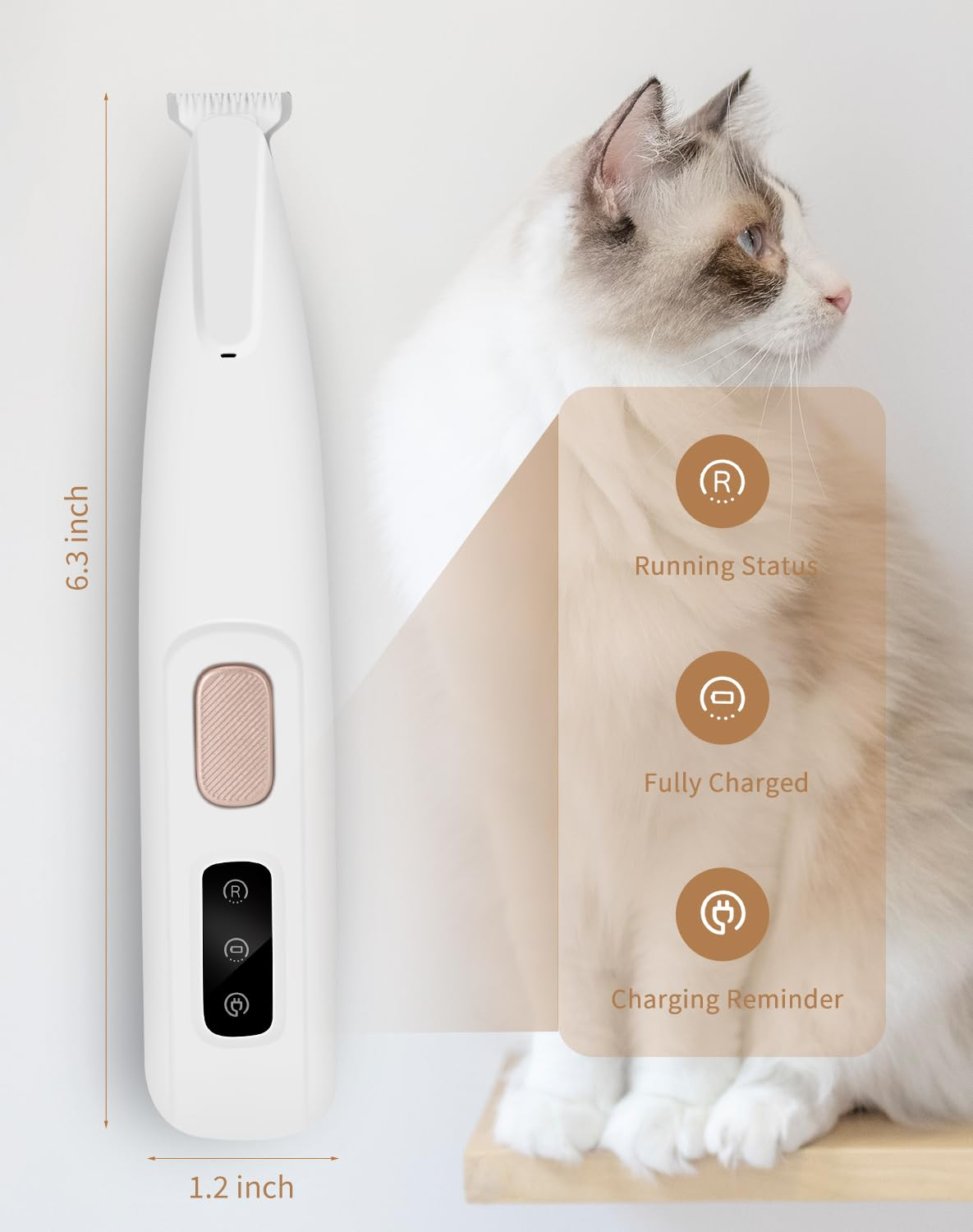 Ein weißer Haarschneider für Haustiere mit einer Katze. Der Trimmer zeigt Betriebsstatus, Lade- und voll geladene Anzeigen.