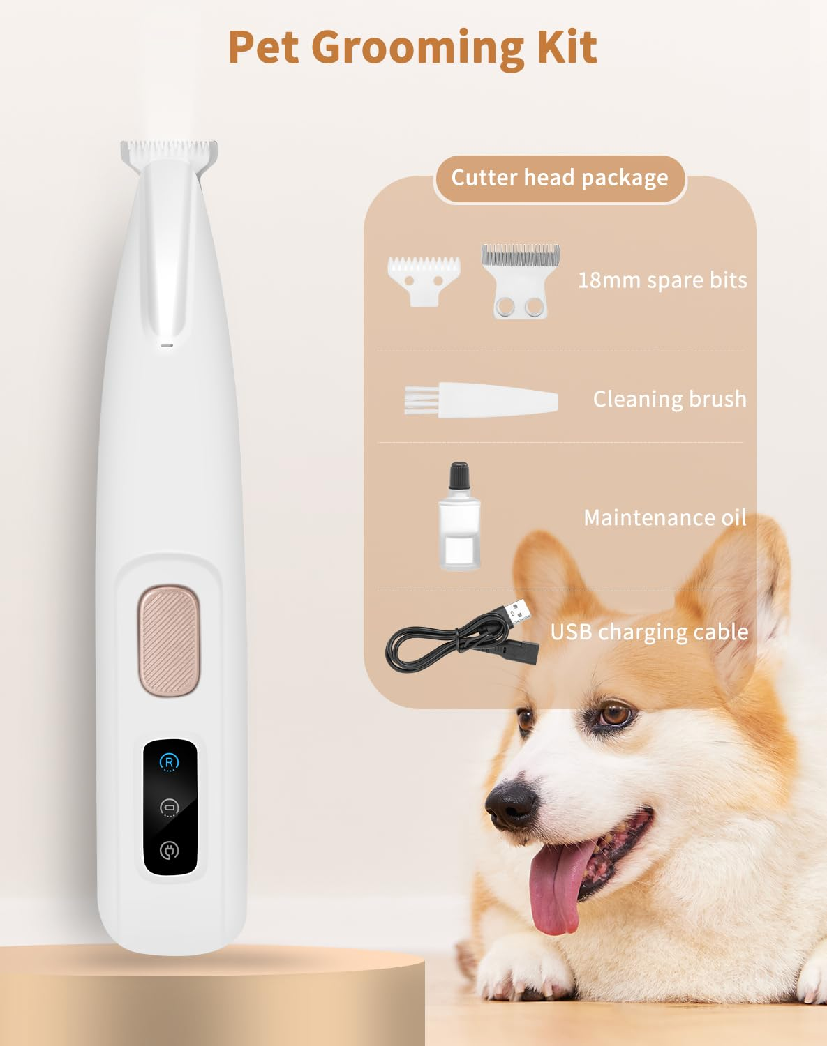 Tierpflege-Set mit weißem Trimmer, Ersatzteilen, Reinigungsbürste, Öl und USB-Kabel. Im Hintergrund ein Corgi-Hund.