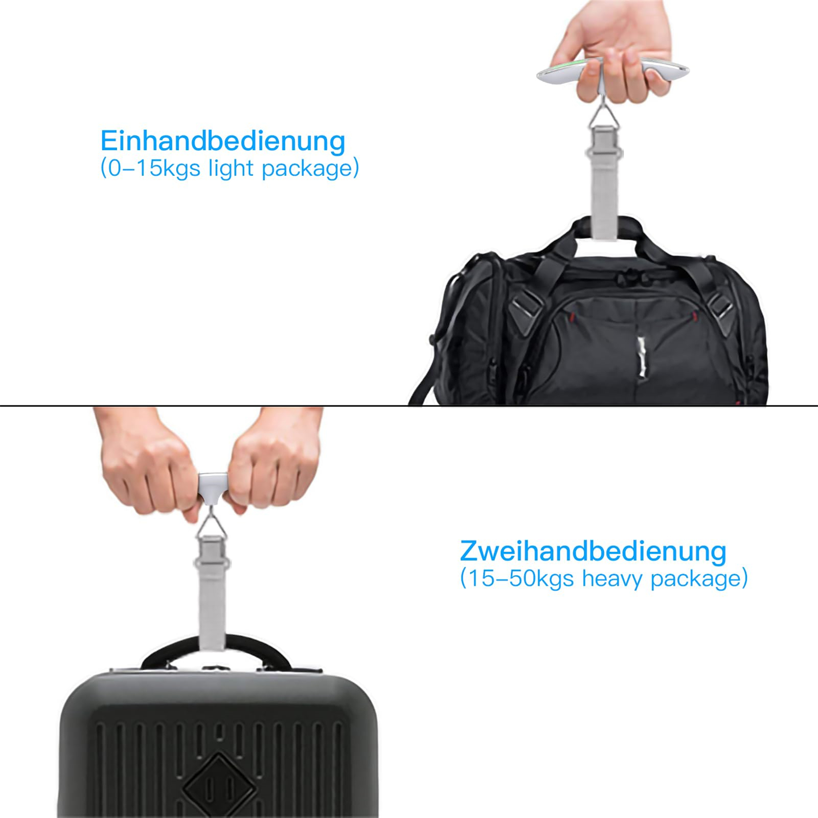 Hände halten eine Gepäckwaage. Oben: schwarze Tasche. Unten: schwarzer Koffer. Text: Einhandbedienung, Zweihandbedienung.