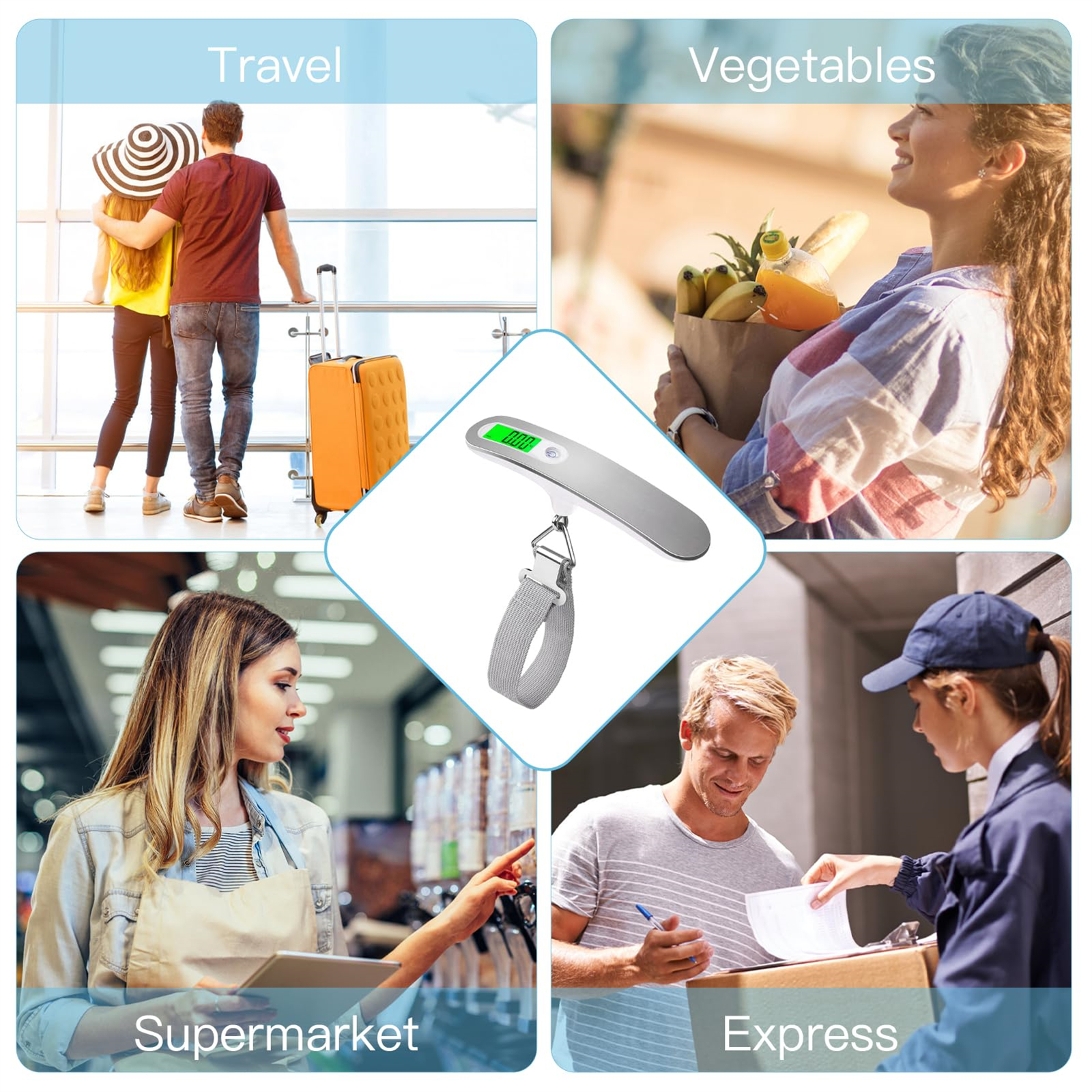 Gepäckwaage in verschiedenen Szenarien verwendet: Reisen, Supermarkt, Gemüse und Expressversand. Menschen werden gezeigt.