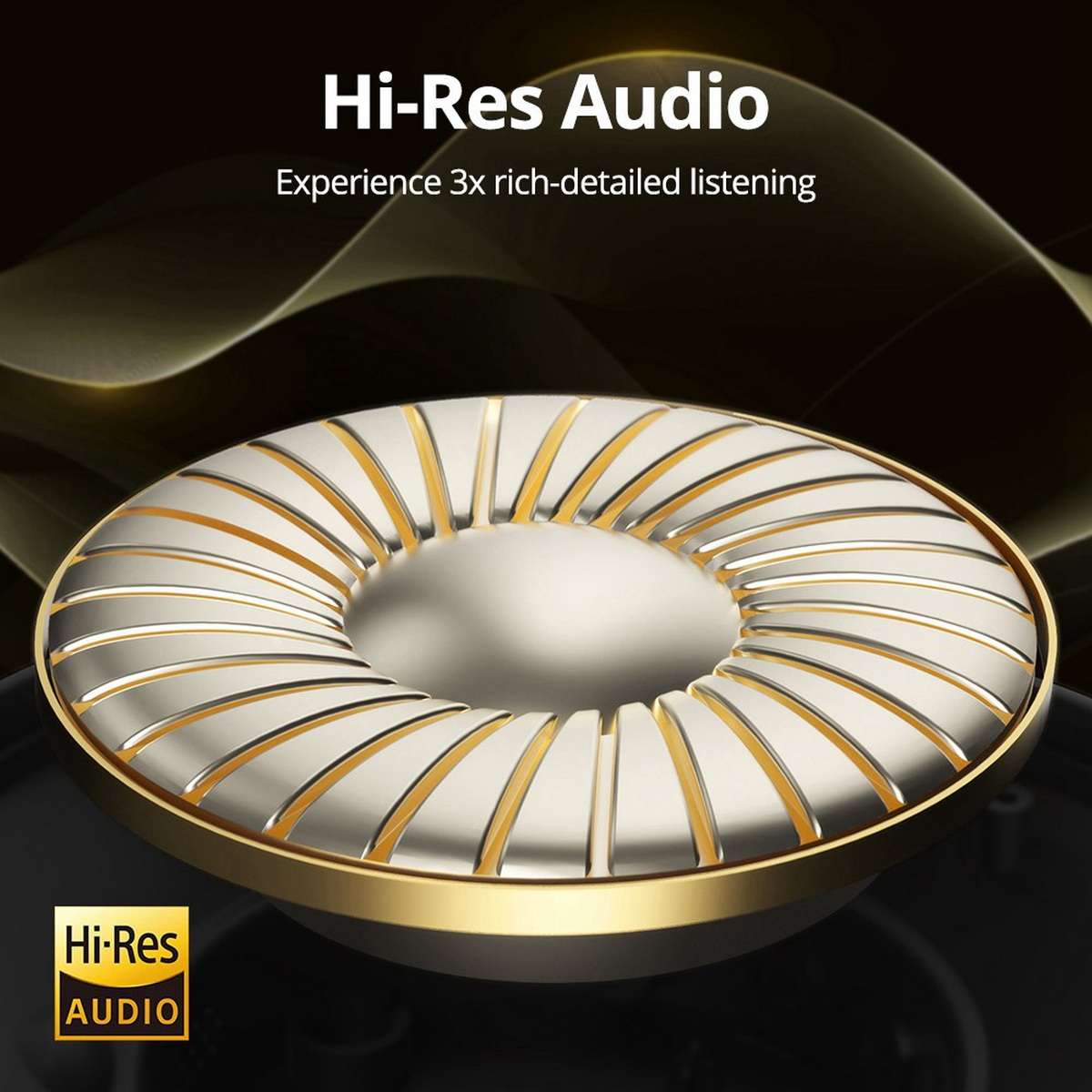 Nahaufnahme eines Kopfhörerlautsprechers. Silber- und Gold-Design. Text: Hi-Res Audio.