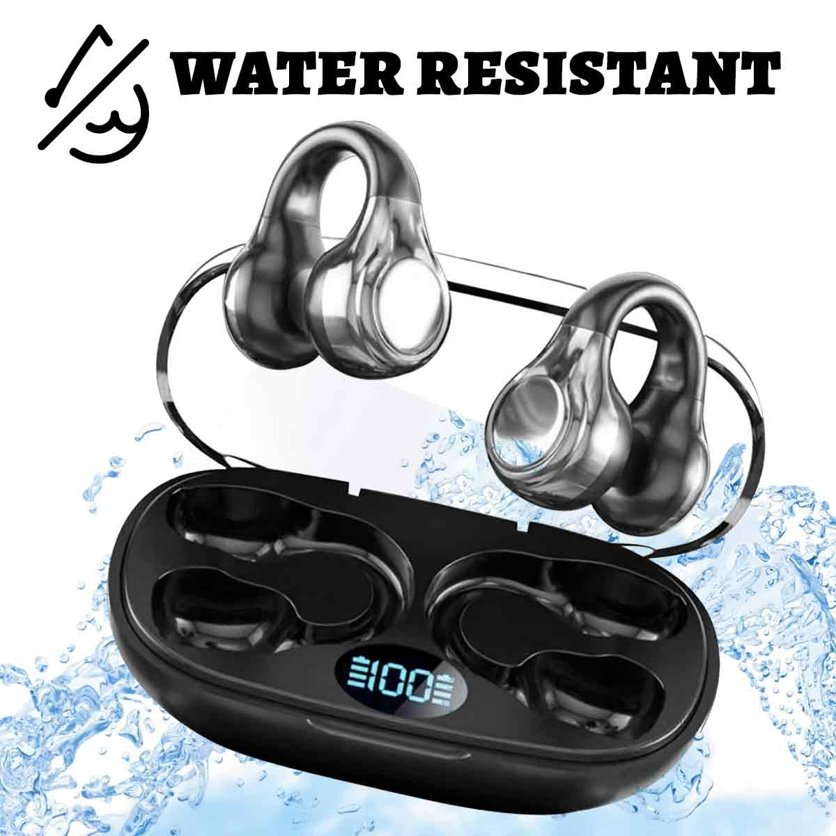Ohrhörer in einem Ladeetui mit dem Text 'WASSERDICHT'. Die Ohrhörer sind silberfarben.