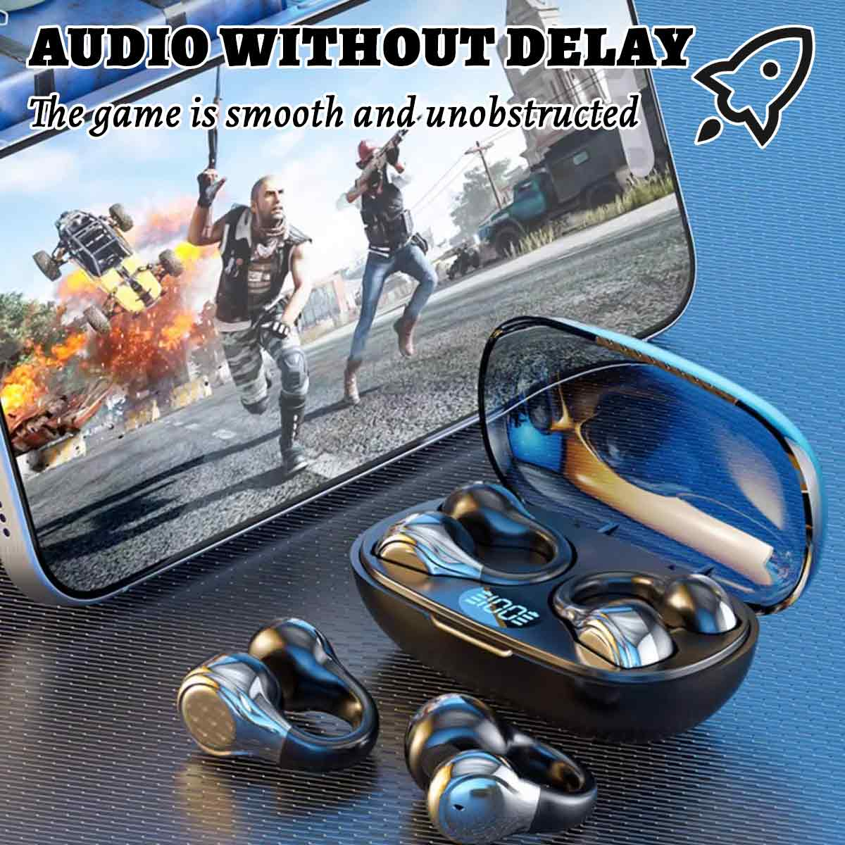 Ohrhörer und ein Telefon, das ein Spiel anzeigt. Die Worte 'Audio ohne Verzögerung' und eine Rakete werden gezeigt.