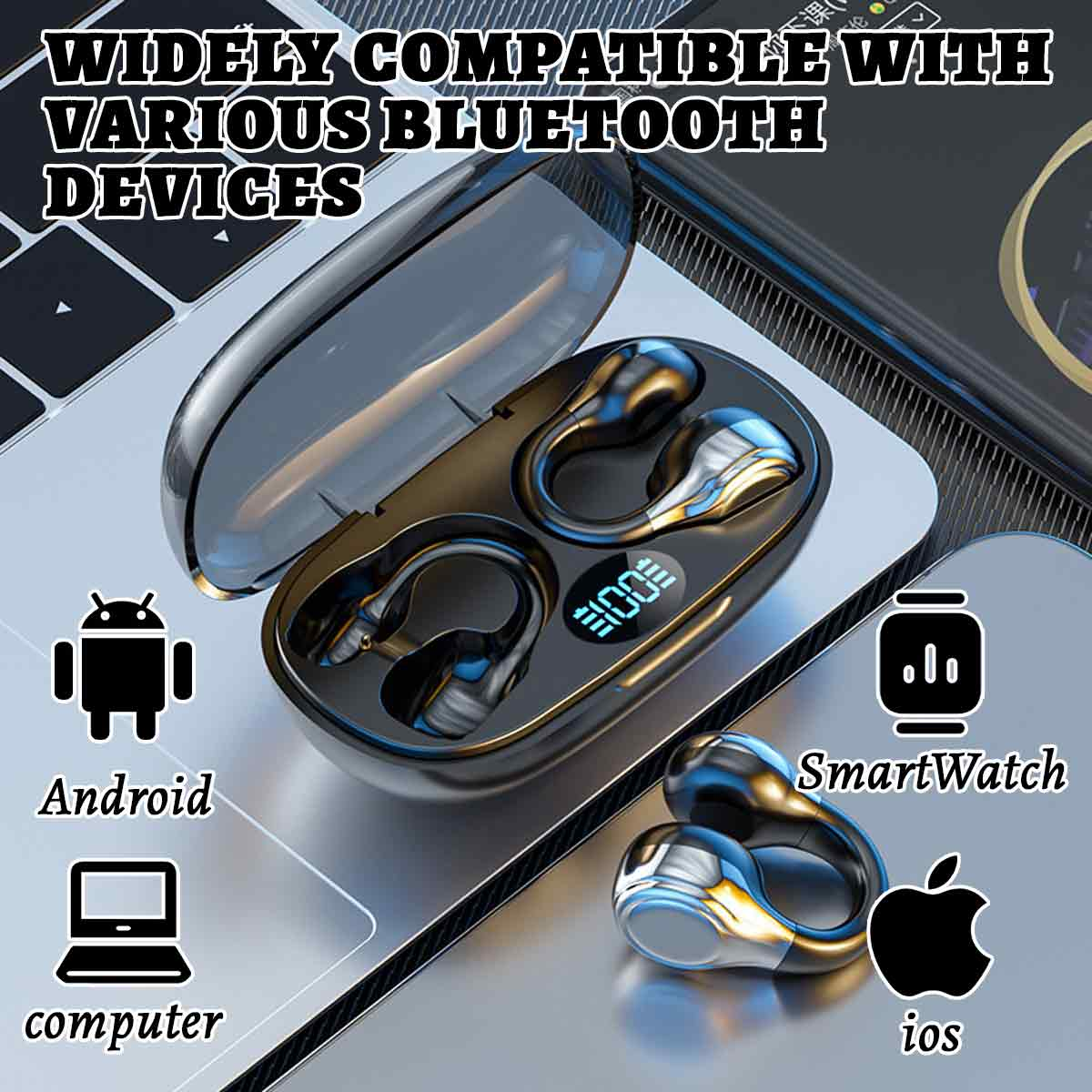 Ohrhörer in einem Ladeetui. Symbole für Android, Computer, iOS und Smartwatch sind abgebildet.
