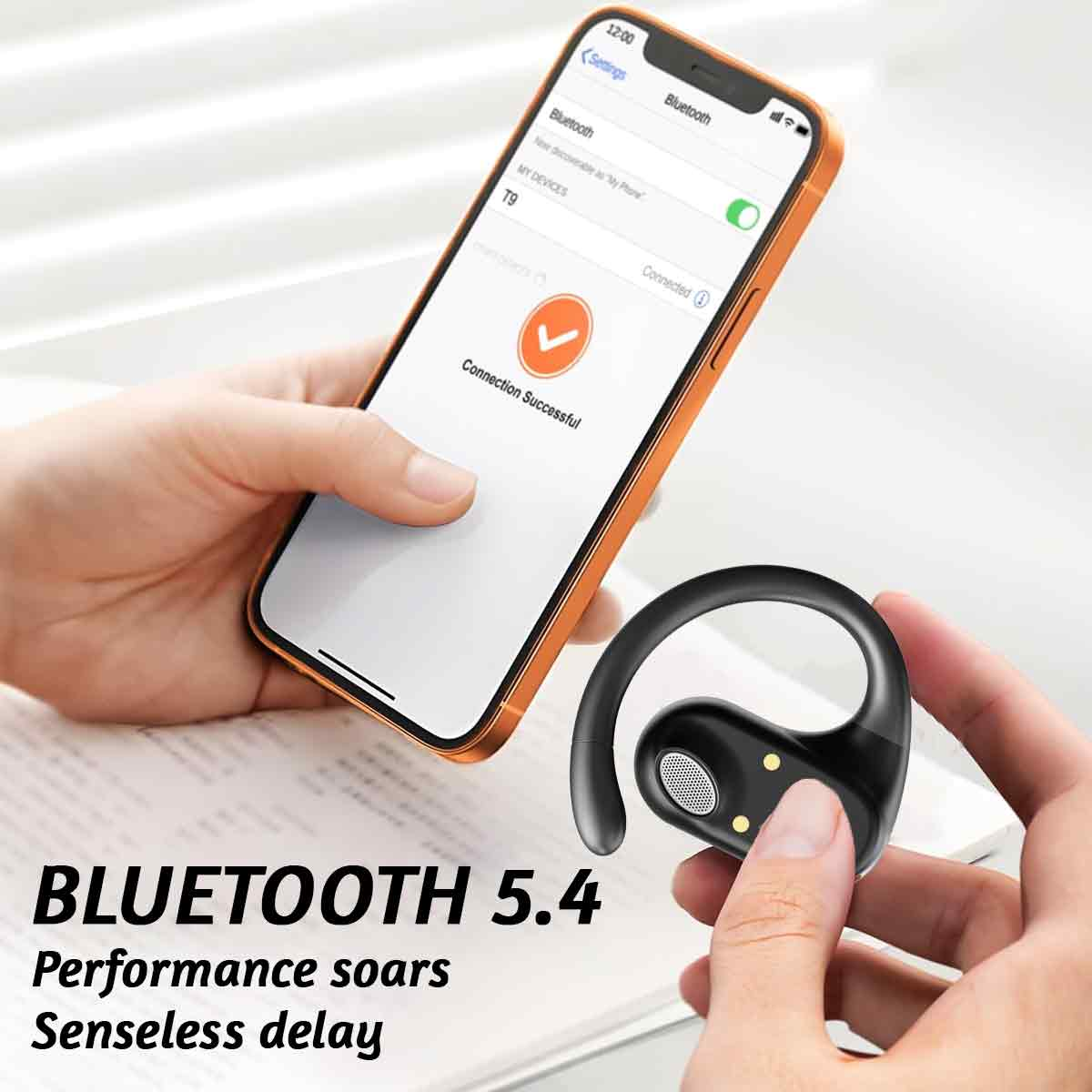 Eine Person hält ein Smartphone, das mit einem schwarzen Ohrhörer verbunden ist. Text: Bluetooth 5.4.