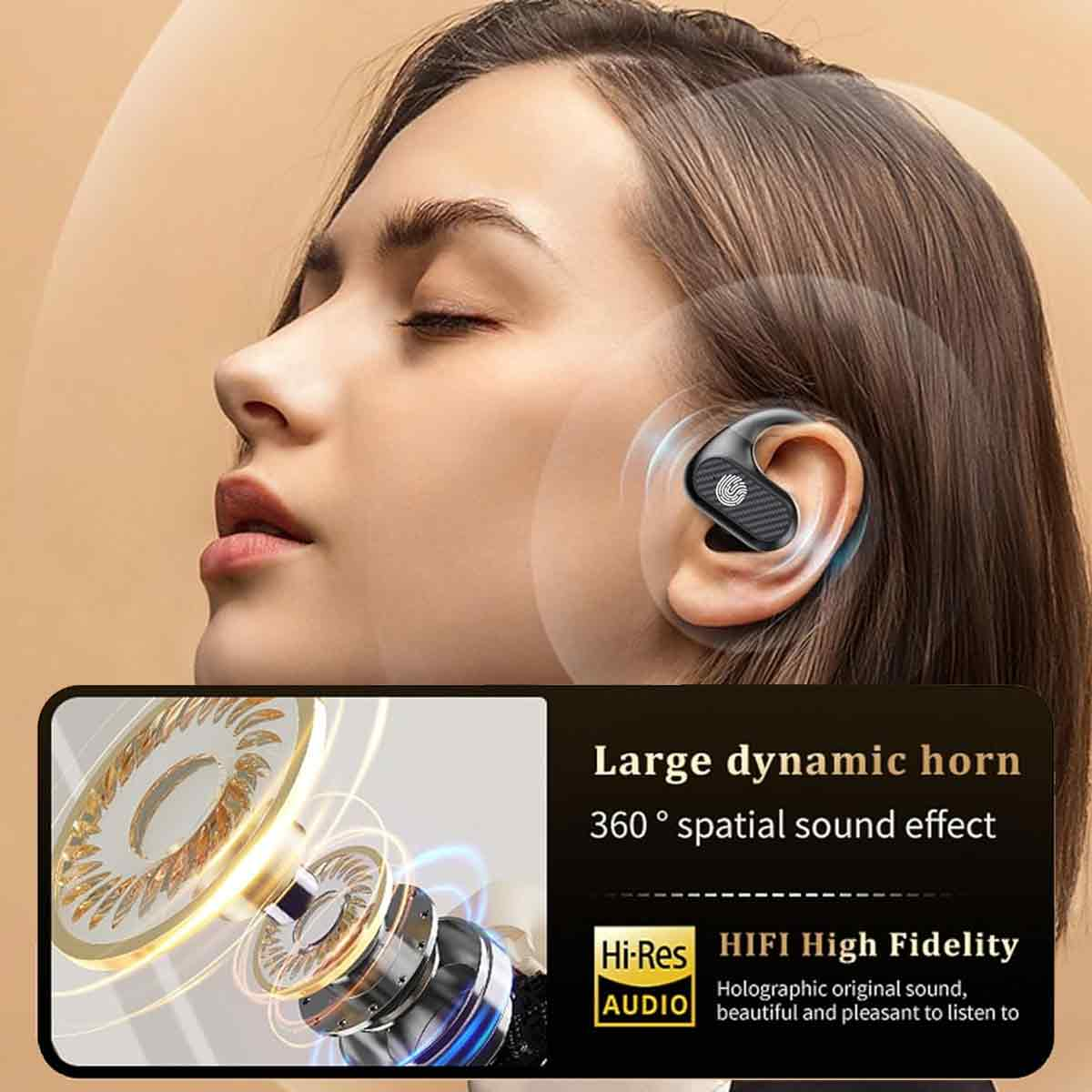 Frau mit Ohrhörer. Ein animiertes Diagramm zeigt Schallwellen und den Text 'Hi-Res Audio'.