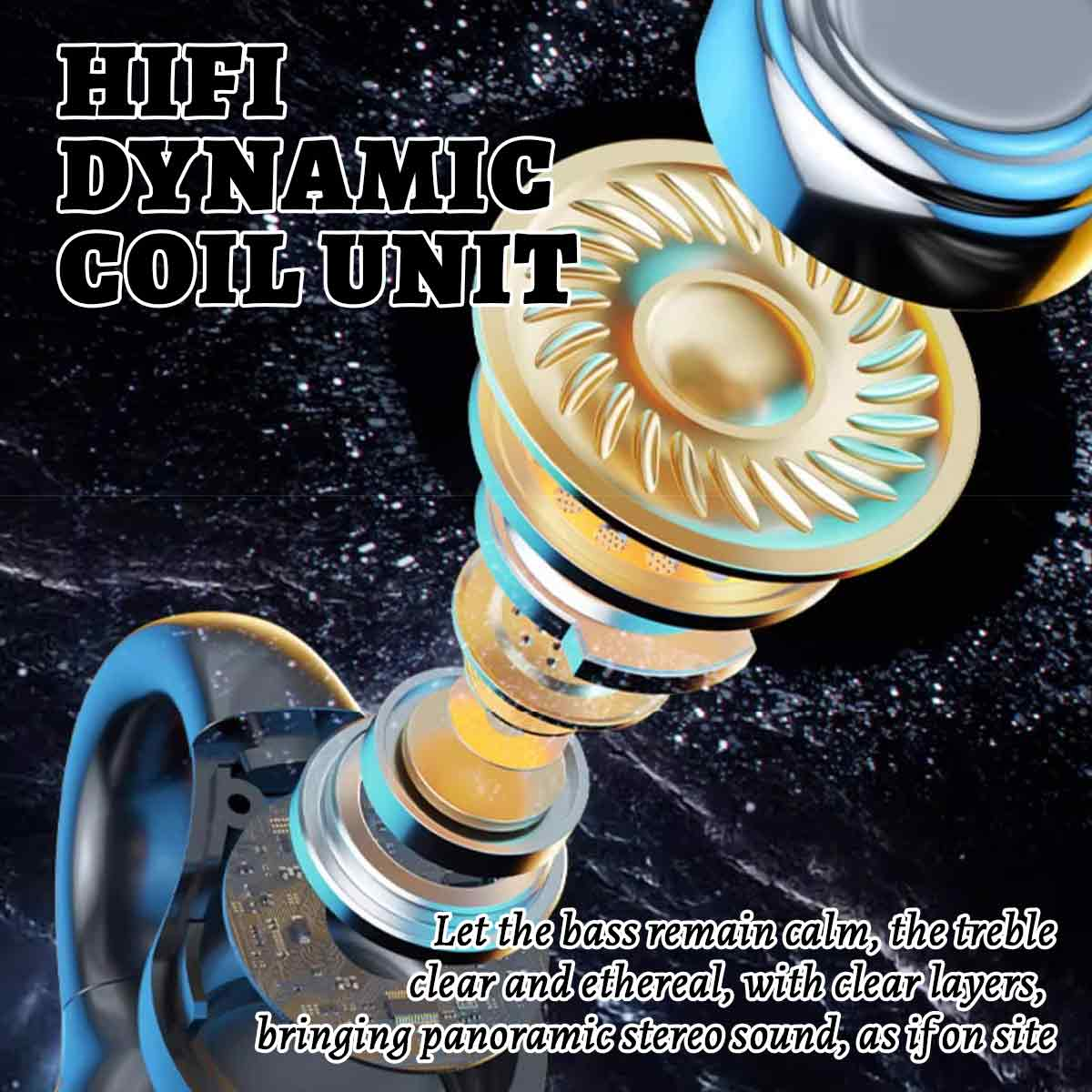 Nahaufnahme des Ohrhörers mit sichtbaren internen Komponenten. Gold- und Blautöne. Text-Overlay: HiFi Dynamic Coil Unit.