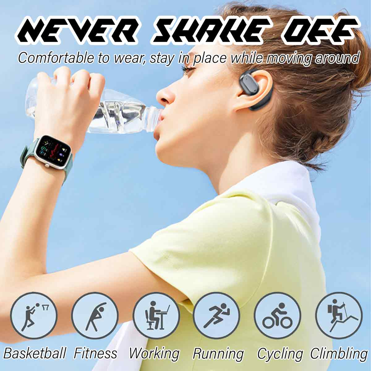 Frau trinkt Wasser mit Ohrhörern, trägt eine Uhr. Symbole: Basketball, Fitness, Arbeiten, Laufen, Radfahren, Klettern.