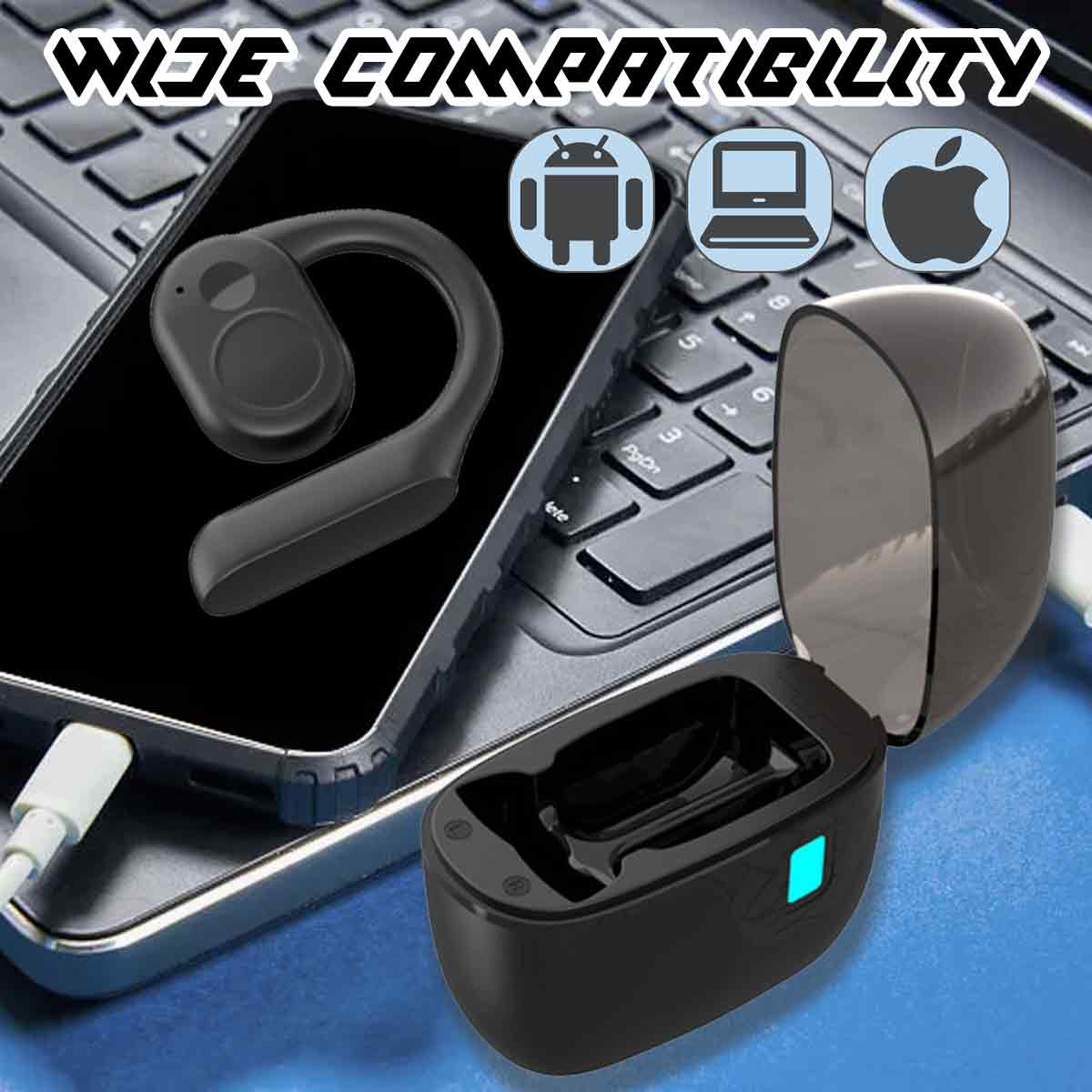 Ohrhörer mit Ladecase auf einem Laptop. Symbole für Android, Computer und iOS sind auf dem Bildschirm.