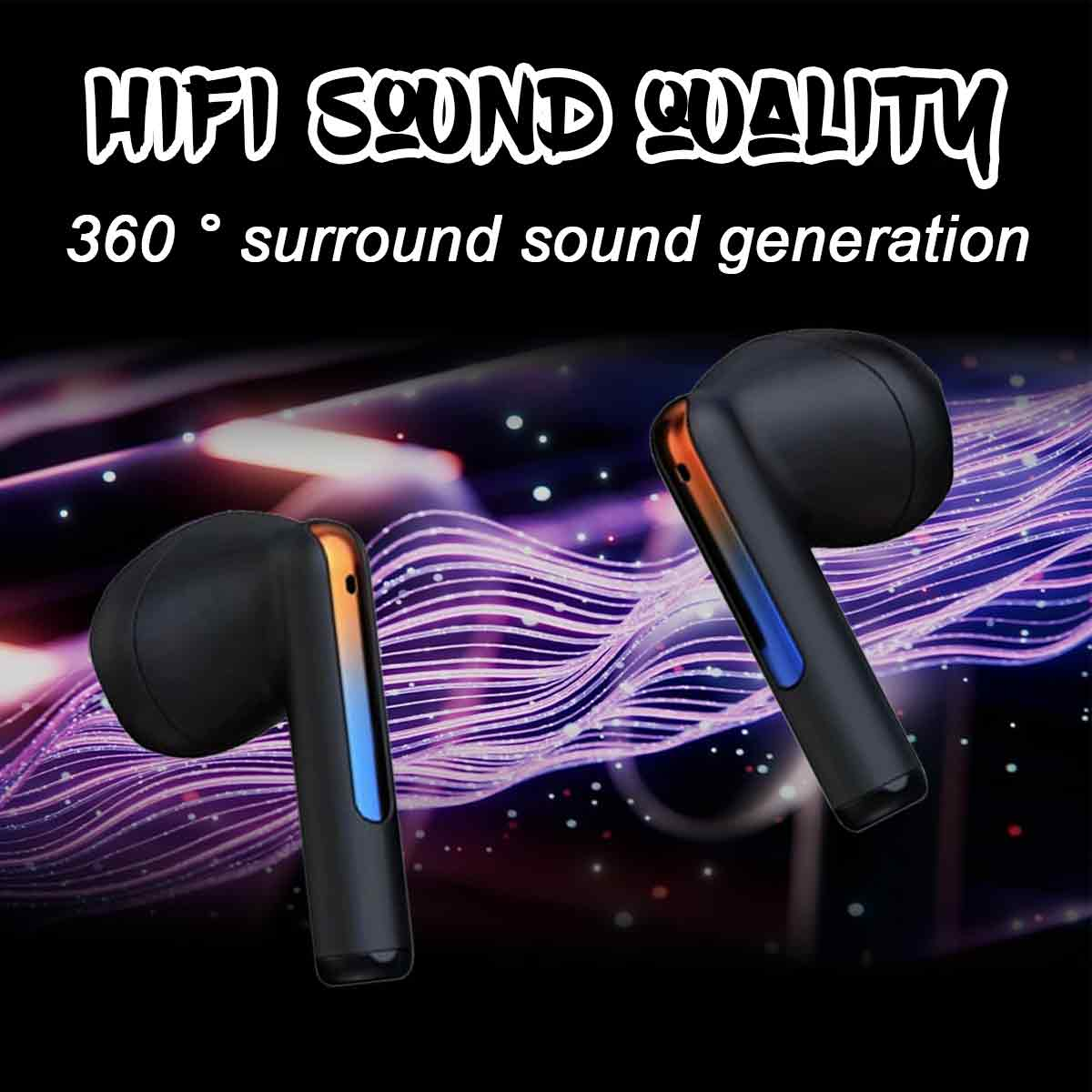 Schwarze Ohrhörer mit orange/blauen Akzenten. Text sagt 'HiFi Sound Quality' und '360° Surround Sound'.