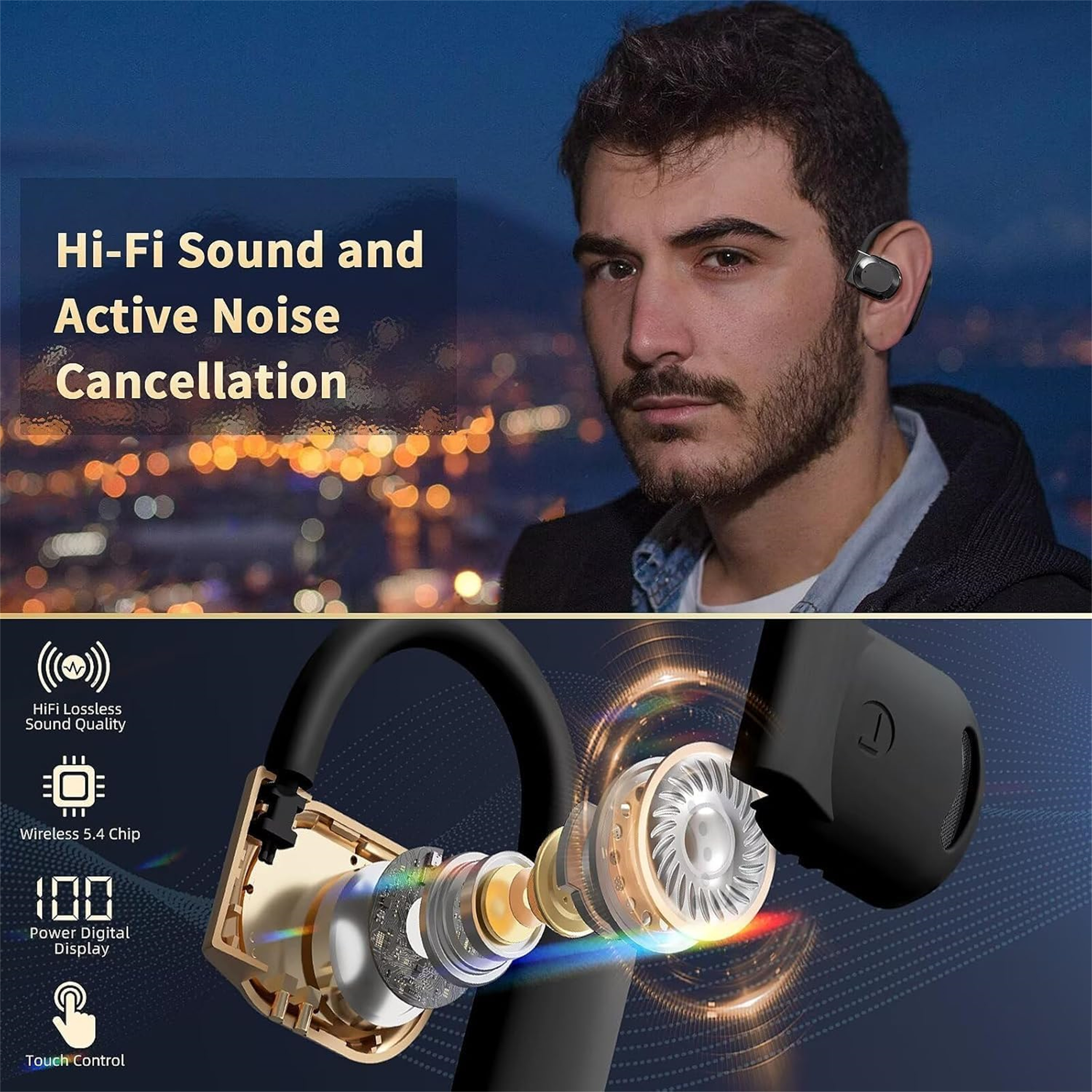 Mann mit Ohrhörern. Text: 'Hi-Fi Sound and Active Noise Cancellation.' Schnitt einer Ohrhörer.