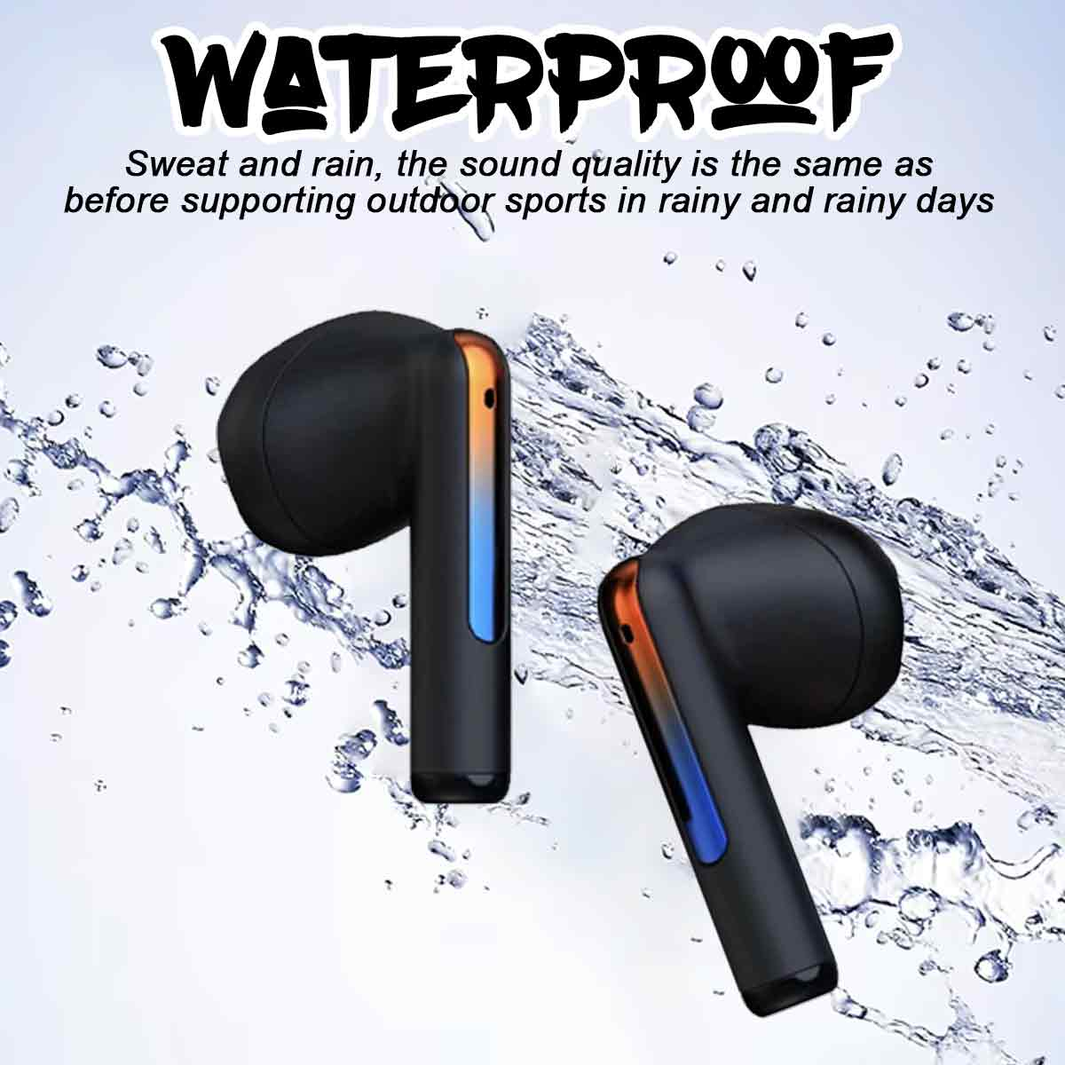 Zwei schwarze Ohrhörer mit Wassertropfen, das Wort wasserdicht ist sichtbar.