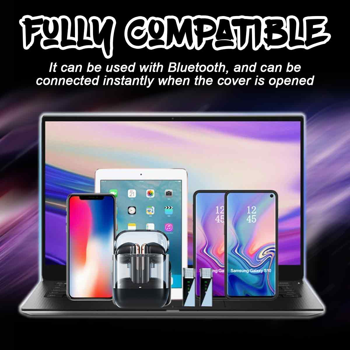 Laptop mit mehreren Geräten. Ohrhörer, Tablets und Telefone. Text: 'Fully Compatible'.