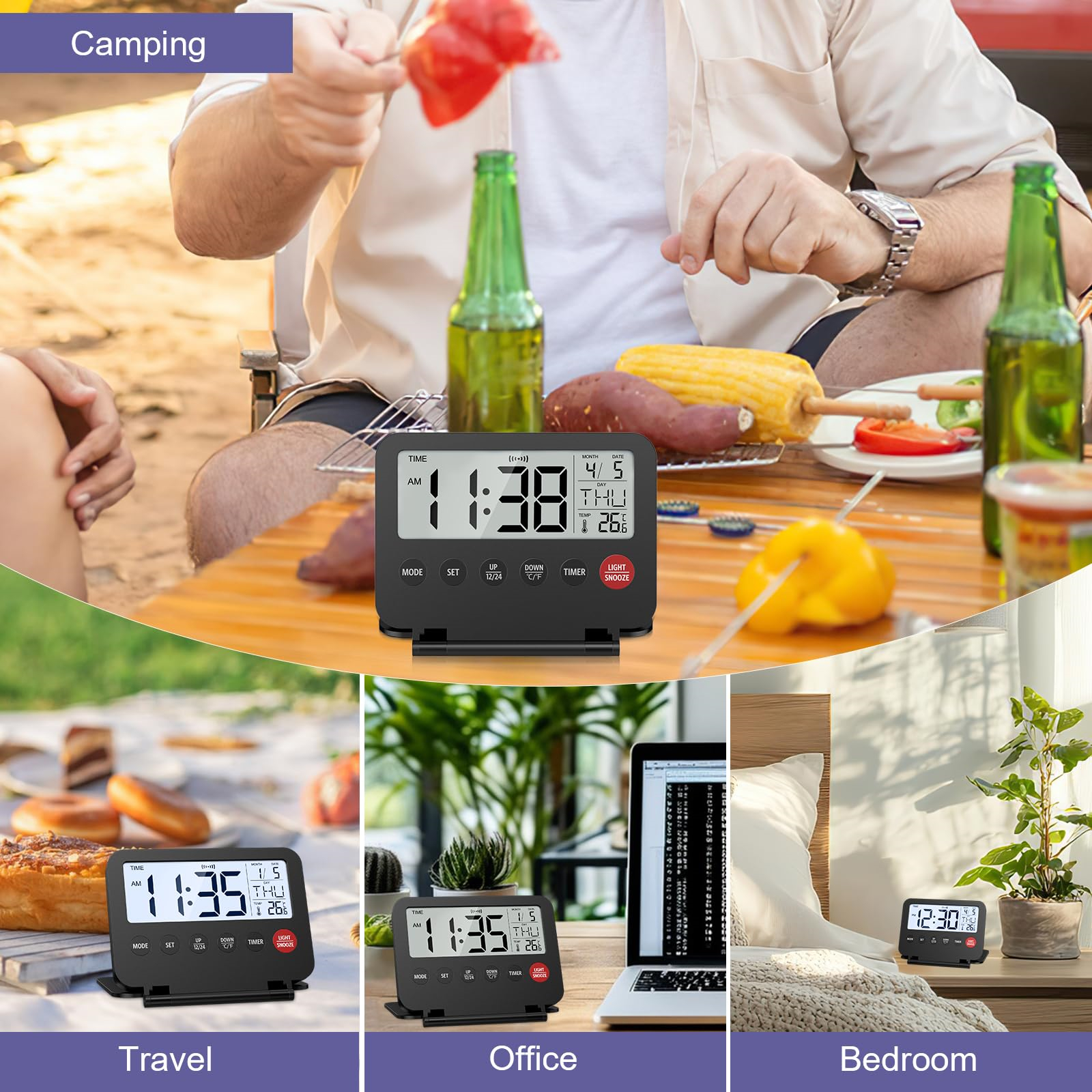 Schwarzer Digitaltimer in verschiedenen Kontexten: Camping, Reisen, Büro und Schlafzimmer. Zeigt die Uhrzeiten 11:38 und 11:35.