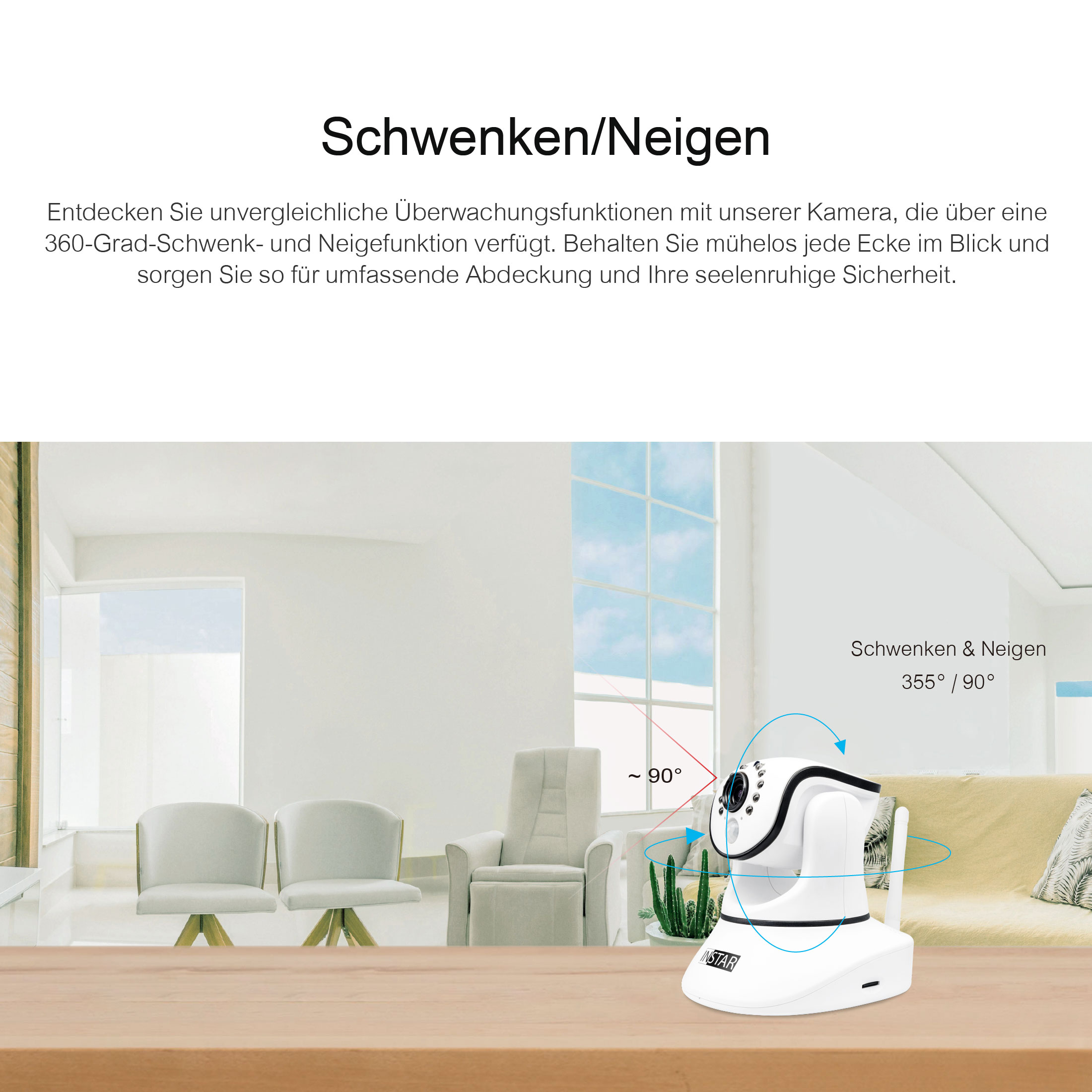Eine Überwachungskamera auf einem Holztisch, mit Hintergrund eines Raumes, die ihre 360-Grad-Bewegung zeigt.