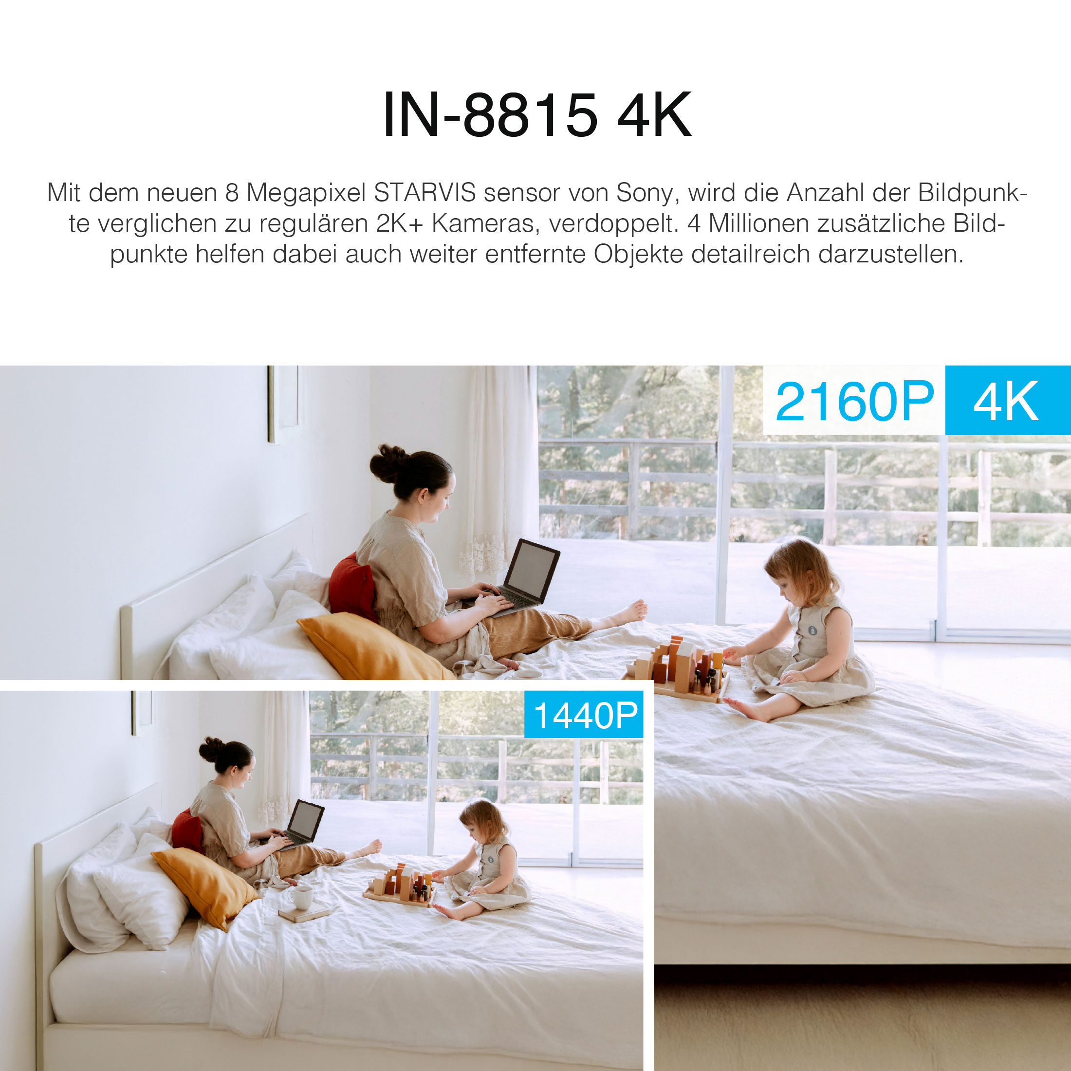 Ein Bild mit dem Text 'IN-8815 4K' und mehreren Fotos, die eine Frau und ein Mädchen auf einem Bett zeigen.