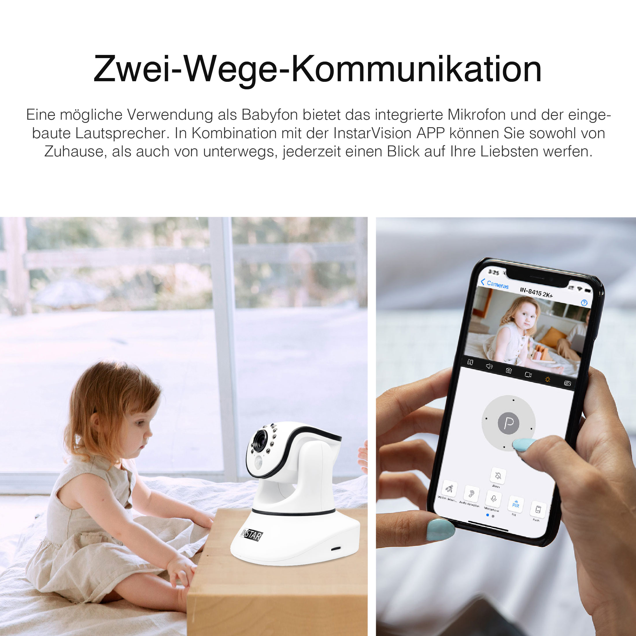 Ein Baby sitzt auf einem Bett in der Nähe einer Kamera und einer Hand, die ein Telefon hält, das die Kameraansicht zeigt.