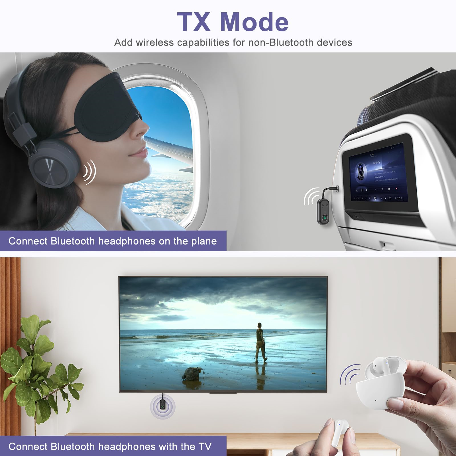 Diagramm zur Verbindung von Bluetooth-Kopfhörern im Flugzeug und mit einem Fernseher über einen Adapter.