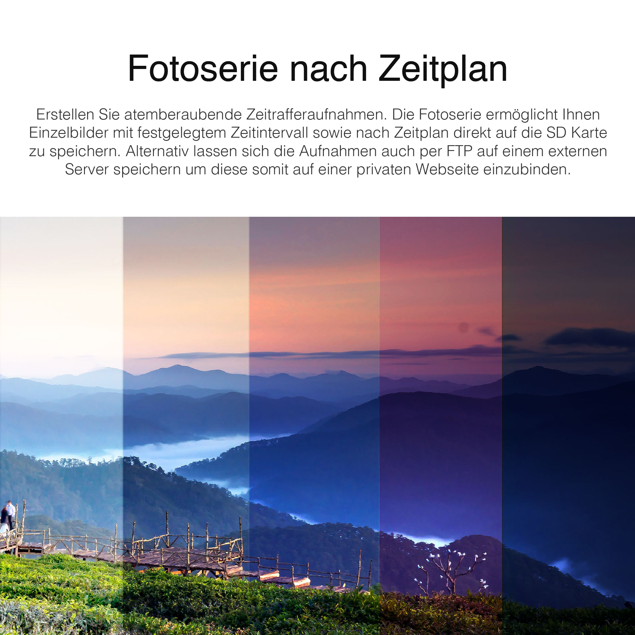 Zeitraffer-Fotoserie: eine Landschaft verdunkelt sich allmählich von der Morgendämmerung bis zum Abend.