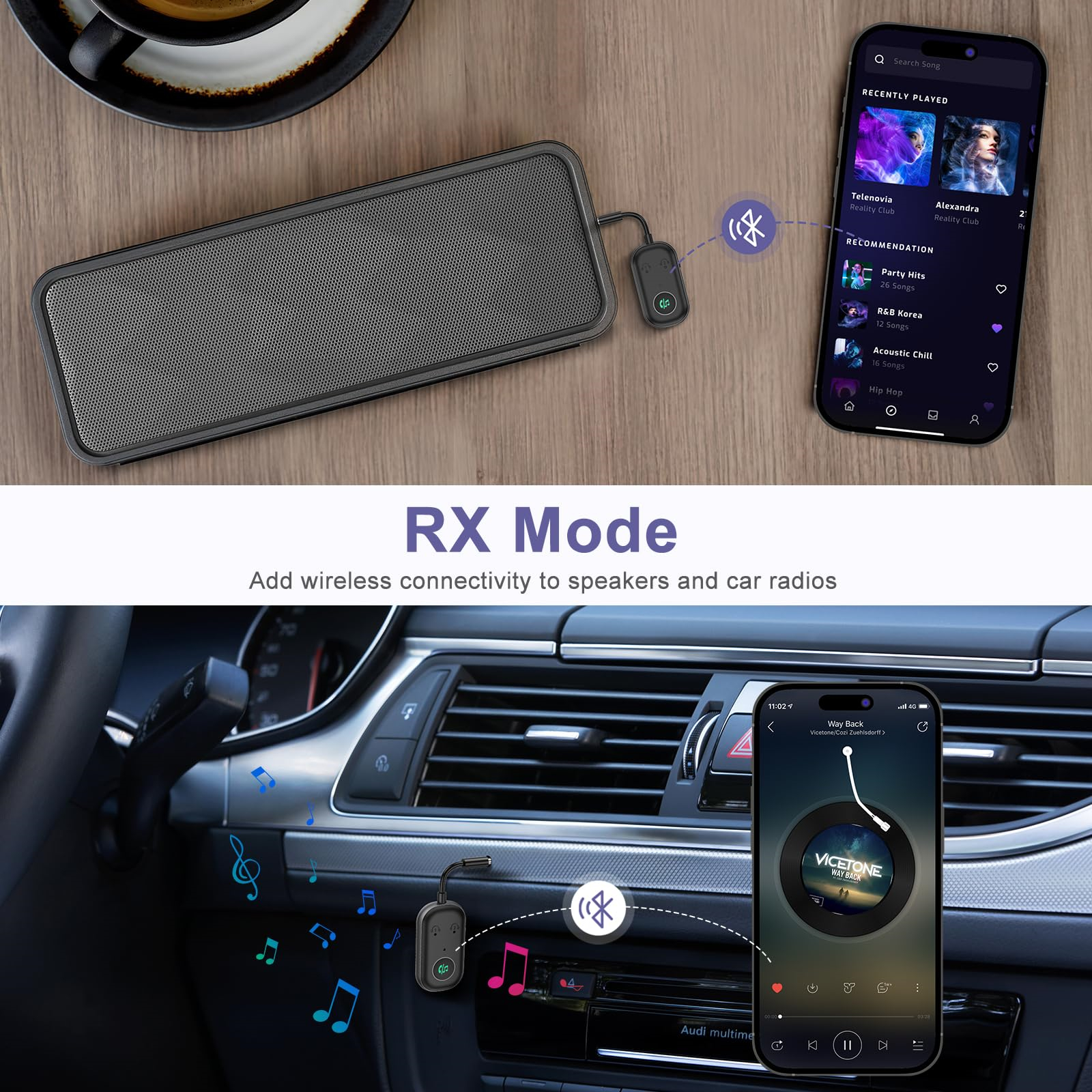 Bluetooth-Adapter mit Lautsprecher und Telefon verbunden. Zeigt den RX-Modus mit Lautsprecher und Autoradio.