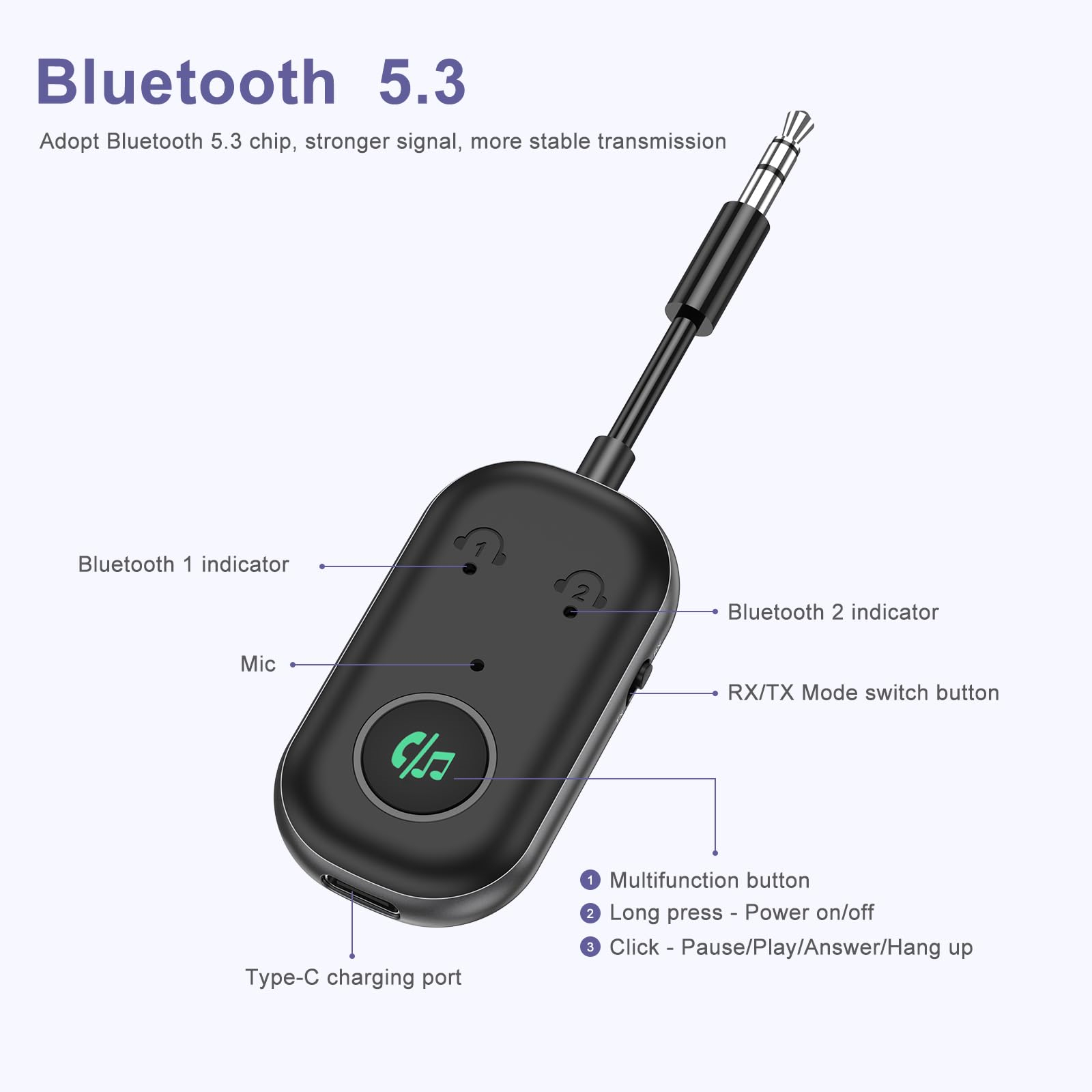 Schwarzer Bluetooth-Adapter mit Tasten und Anschlüssen, beschriftet. Zeigt ein Kabel und eine Buchse zur Verbindung.
