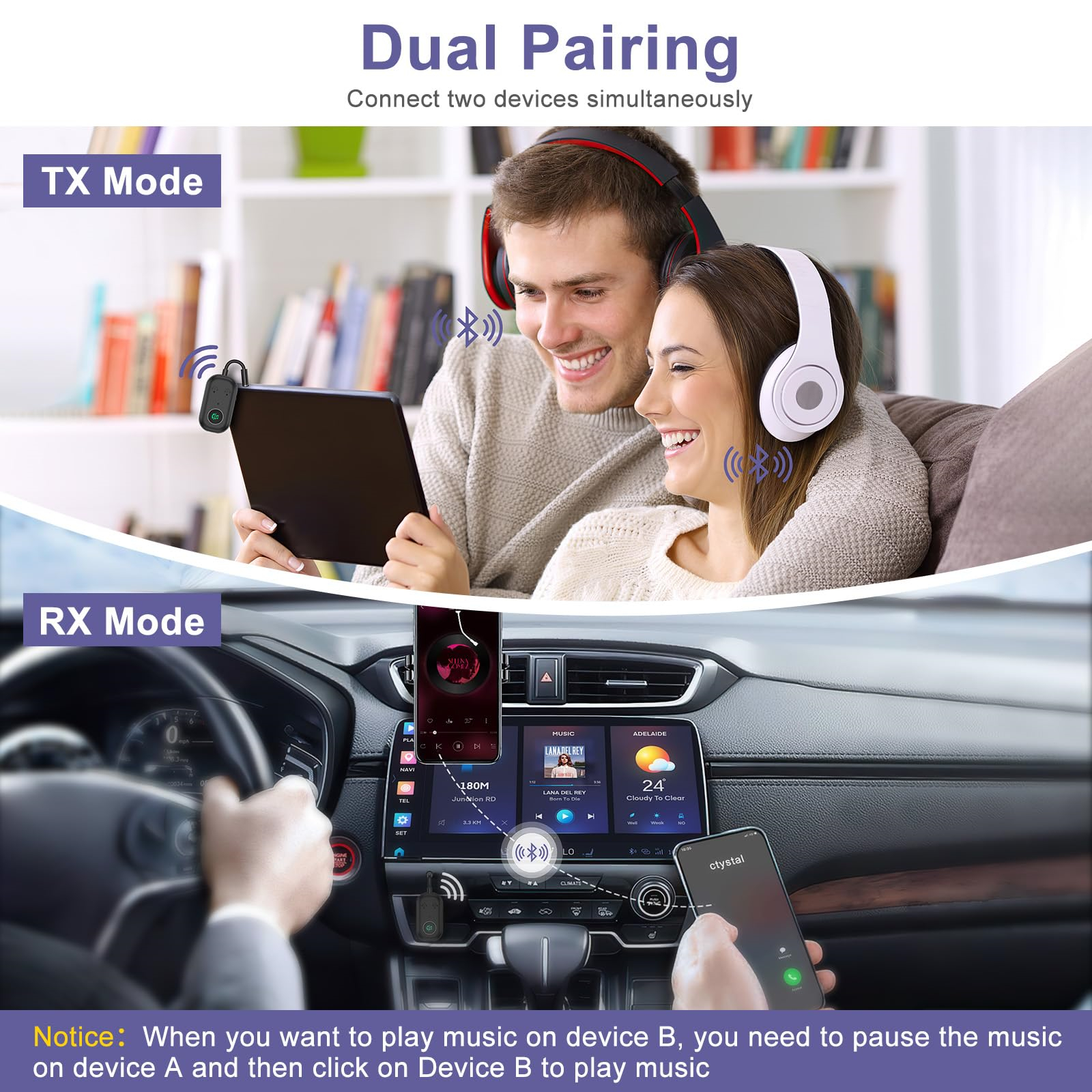 Zwei Personen verwenden Bluetooth-Geräte für Dual-Pairing. Einer benutzt ein Tablet, der andere Kopfhörer im Auto.