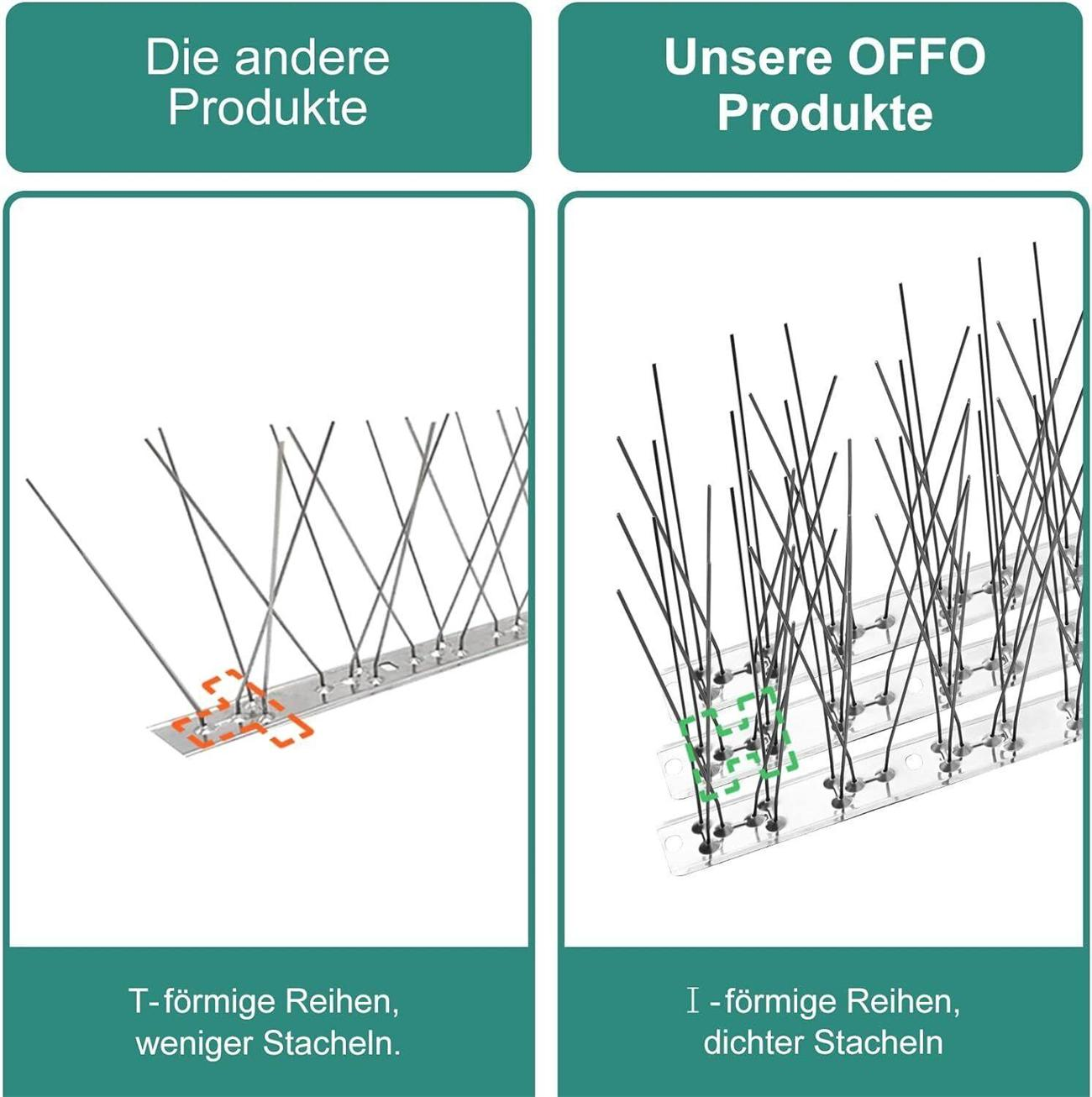 Vergleich von Vogelspikes: T-förmige Reihen mit weniger Spikes vs. I-förmige Reihen mit dichteren Spikes.
