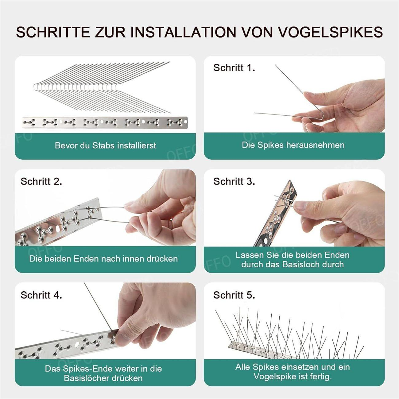 Anleitung zur Montage von Vogelspikes. Die Schritte beinhalten das Anbringen von Spikes an einer Basis.