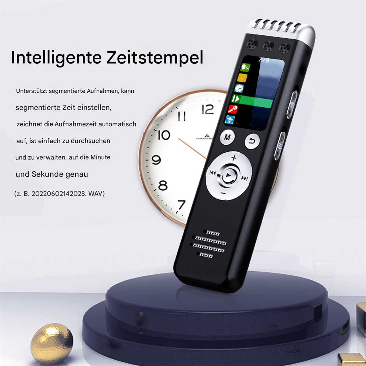 Ein schwarzes Aufnahmegerät mit Uhr, zeigt eine Benutzeroberfläche mit Zeit und anderen Daten. Text vorhanden.