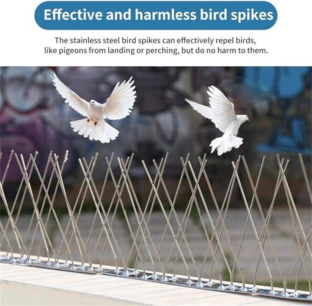 Zwei weiße Tauben fliegen über Metall-Vogelschutzspitzen, die Vögel vom Landen abhalten sollen.