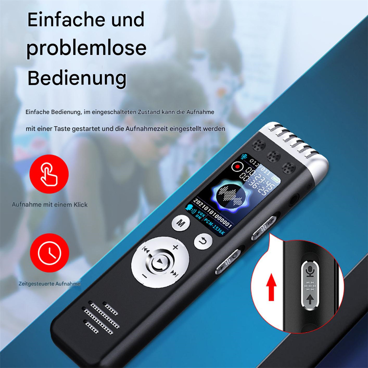 Schwarzes digitales Diktiergerät mit Tasten und Bildschirm, zeigt Wellenformen und Zeitdetails.