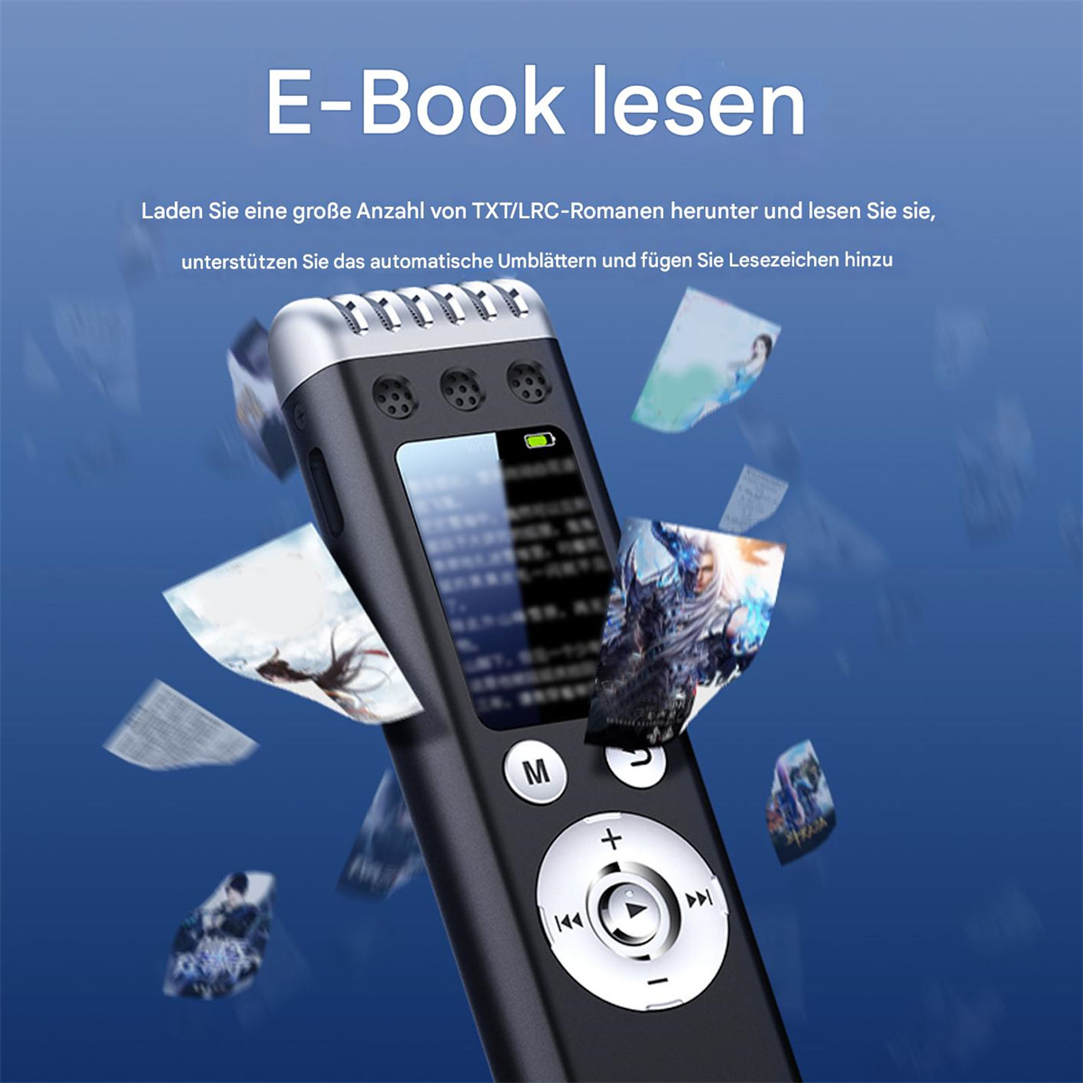 Ein schwarzes digitales Aufnahmegerät. Text: E-Book lesen. Bild zeigt Bilder verschiedener Szenen auf blauem Hintergrund.