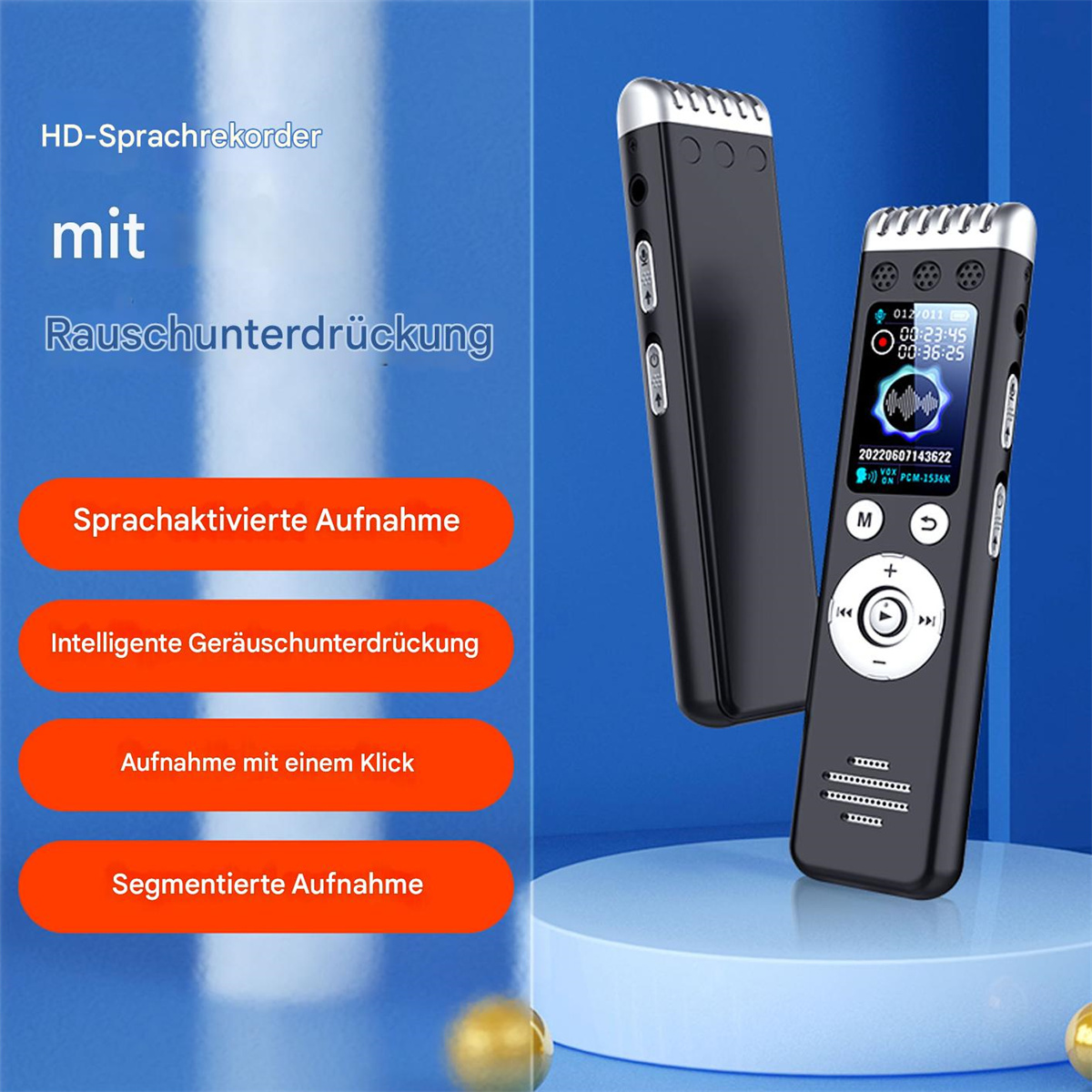 Zwei schwarze Sprachrekorder mit Text, der Funktionen wie sprachaktivierte Aufnahme und Rauschunterdrückung beschreibt.