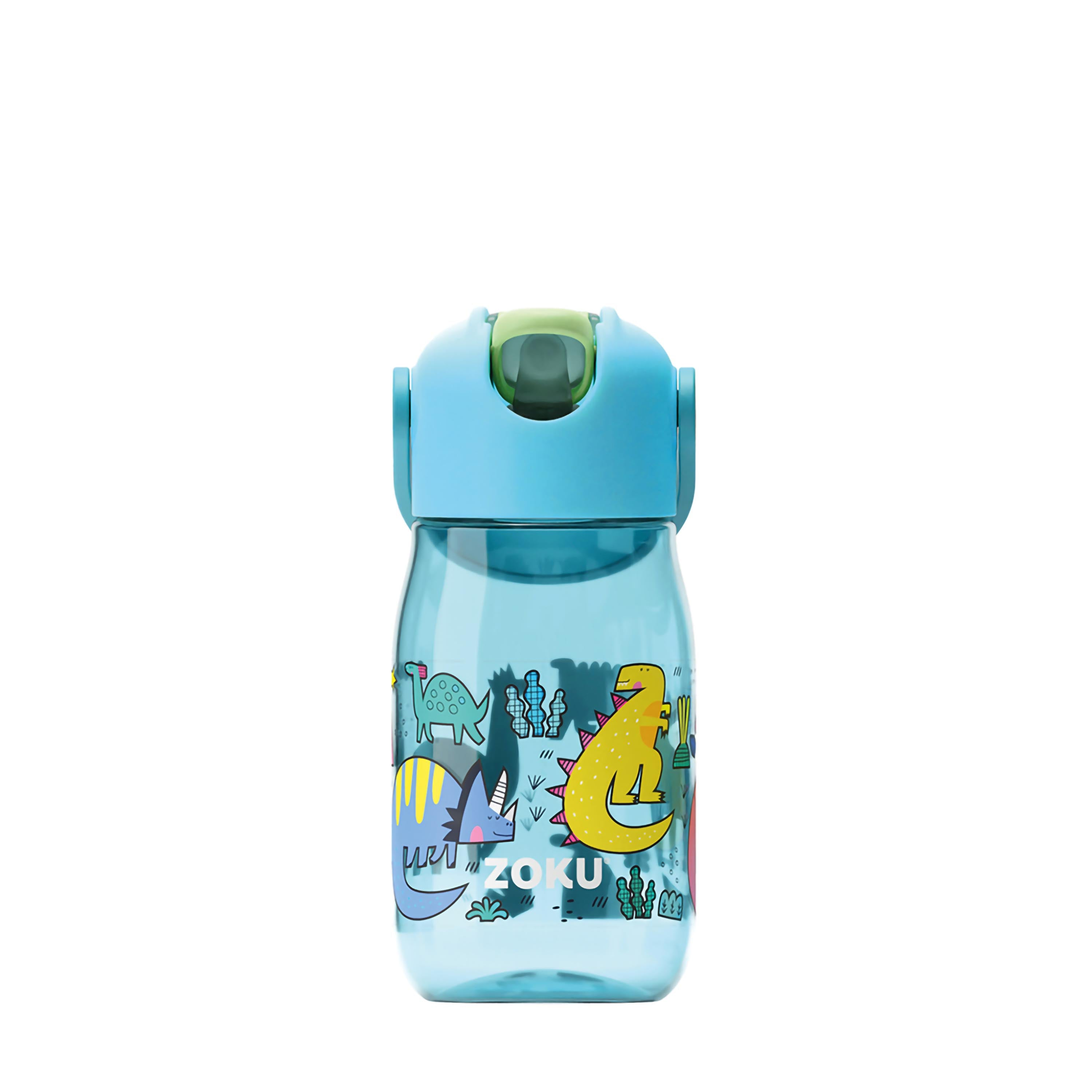 Blaue und grüne Wasserflasche mit Dinosaurier-Designs und einem grünen Deckel.