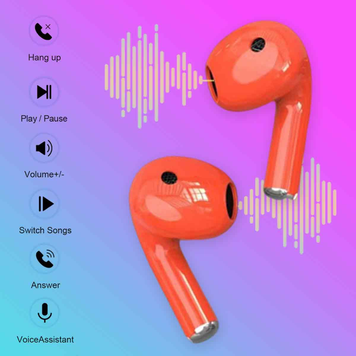 Zwei orangefarbene kabellose Ohrhörer mit Interface-Symbolen auf einem farbverlaufenden Hintergrund. Sie haben Lautstärke-, Wiedergabe- und Anruffunktionen.
