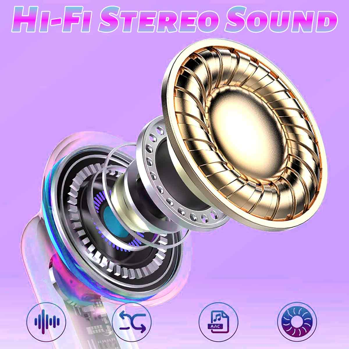 Kopfhörerkomponenten mit Text: Hi-Fi Stereo Sound und Symbolen. Lila Farbverlaufhintergrund.
