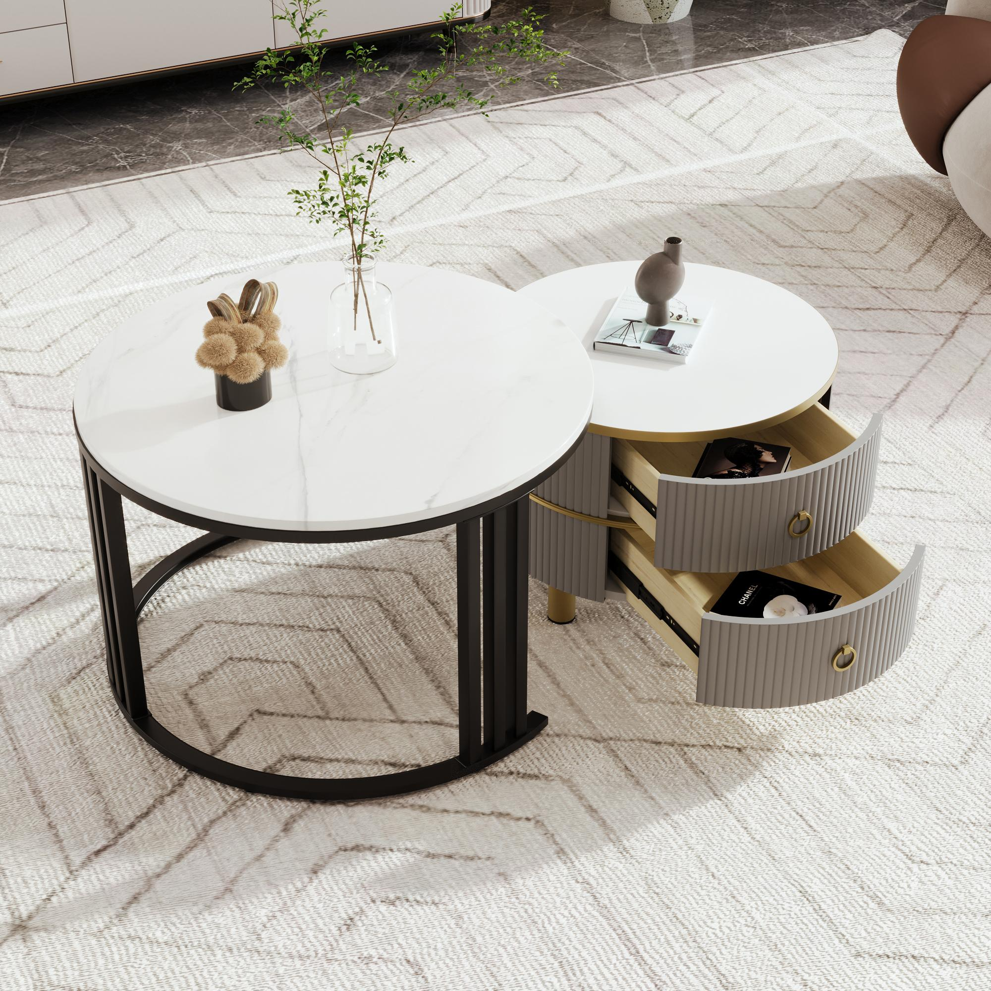 Runder Tisch mit Schubladen, Vase und Dekoration.
